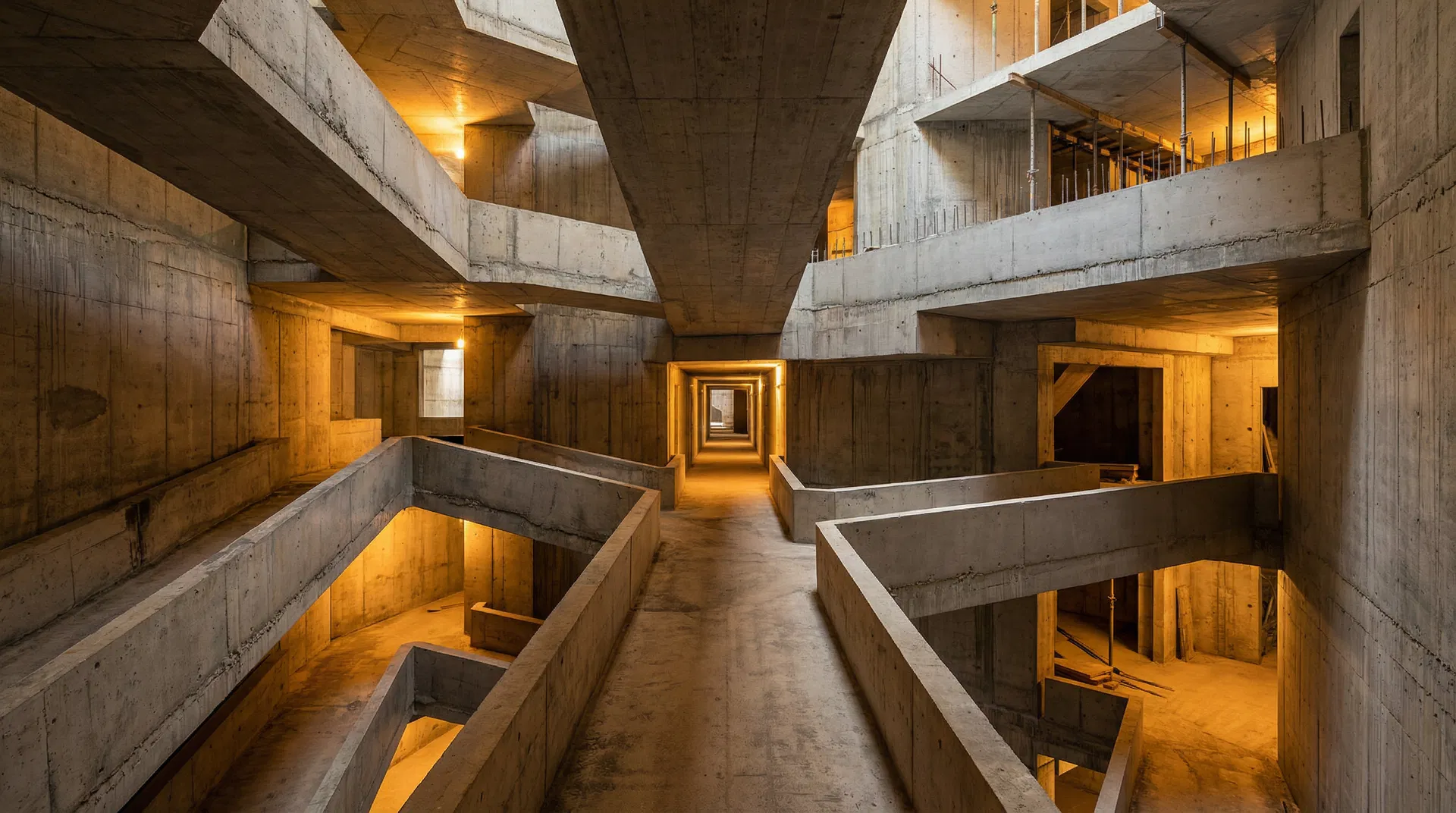 A brutalist concrete corridor with interconnected geometric pathways and amber lighting  -  representing the restructured value chain of agentic commerce