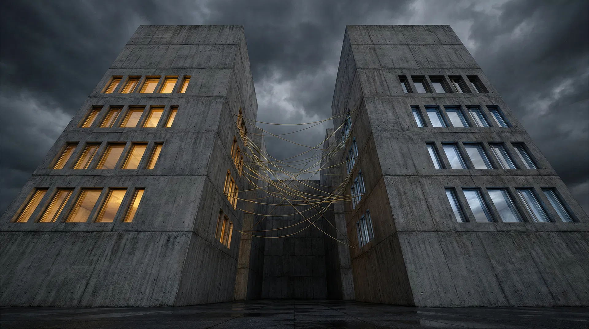 Two massive brutalist concrete towers facing each other across a narrow gap with golden wire connections spanning between them - representing Mastercard and Visa's competing trust architectures for agentic payments