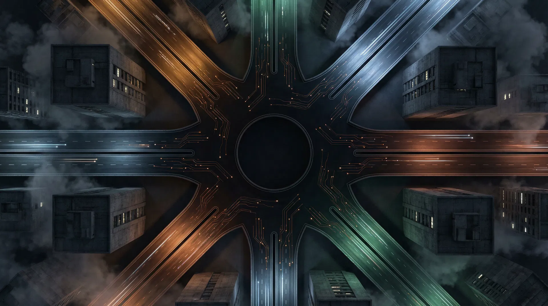 Aerial view of four illuminated highways converging at a dark central void with circuit-board patterns - representing four competing payment networks racing toward agentic commerce without connecting on trust