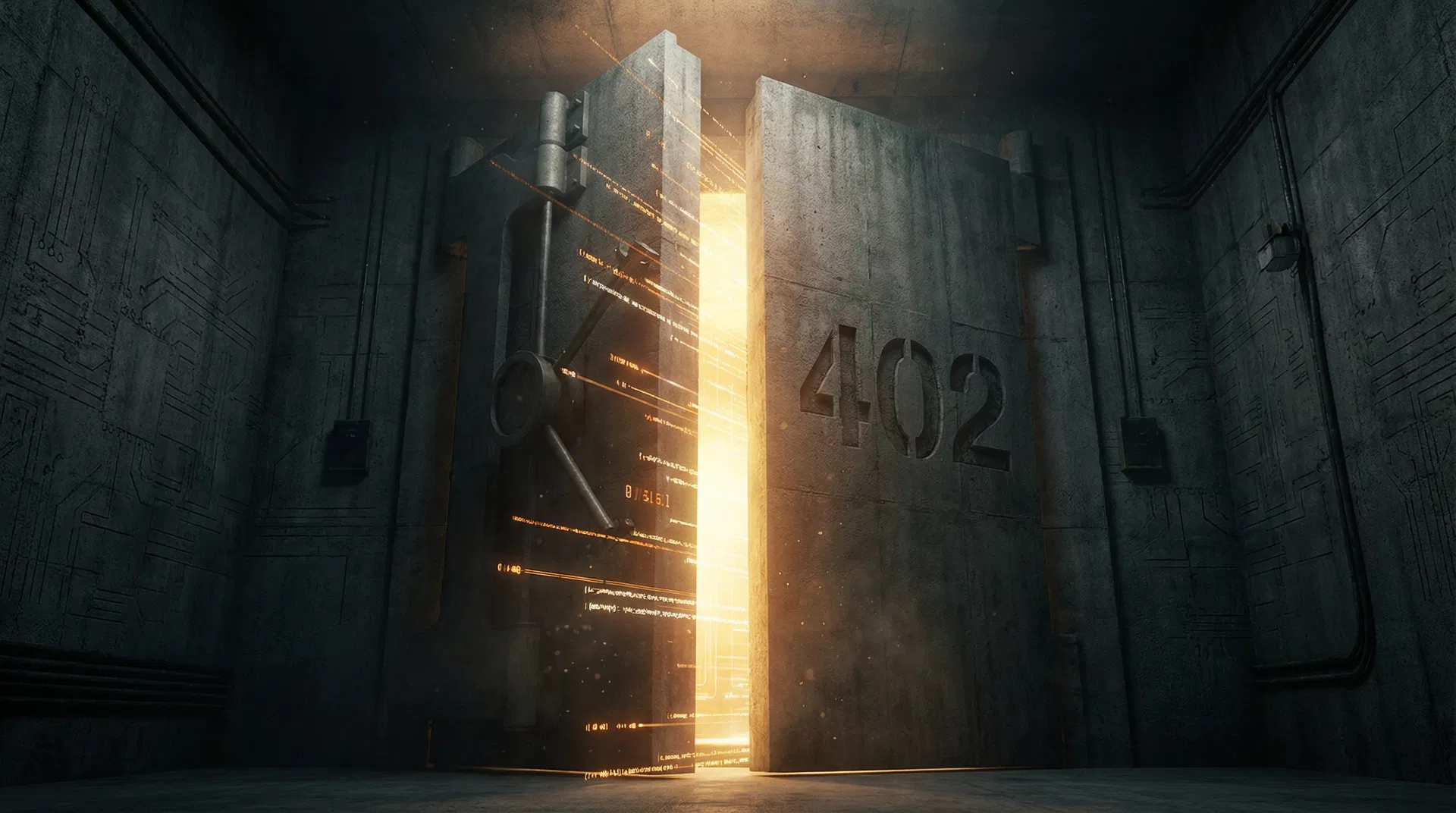 A massive concrete vault door marked 402 partially open with amber light streaming through - representing the HTTP 402 status code being activated for machine payments after three decades of dormancy