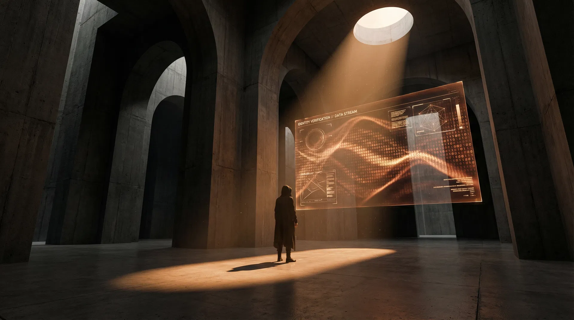 A solitary human figure stands in a vast brutalist concrete cathedral, illuminated by warm amber light, facing a translucent holographic data stream - representing the challenge of maintaining human authority in autonomous systems