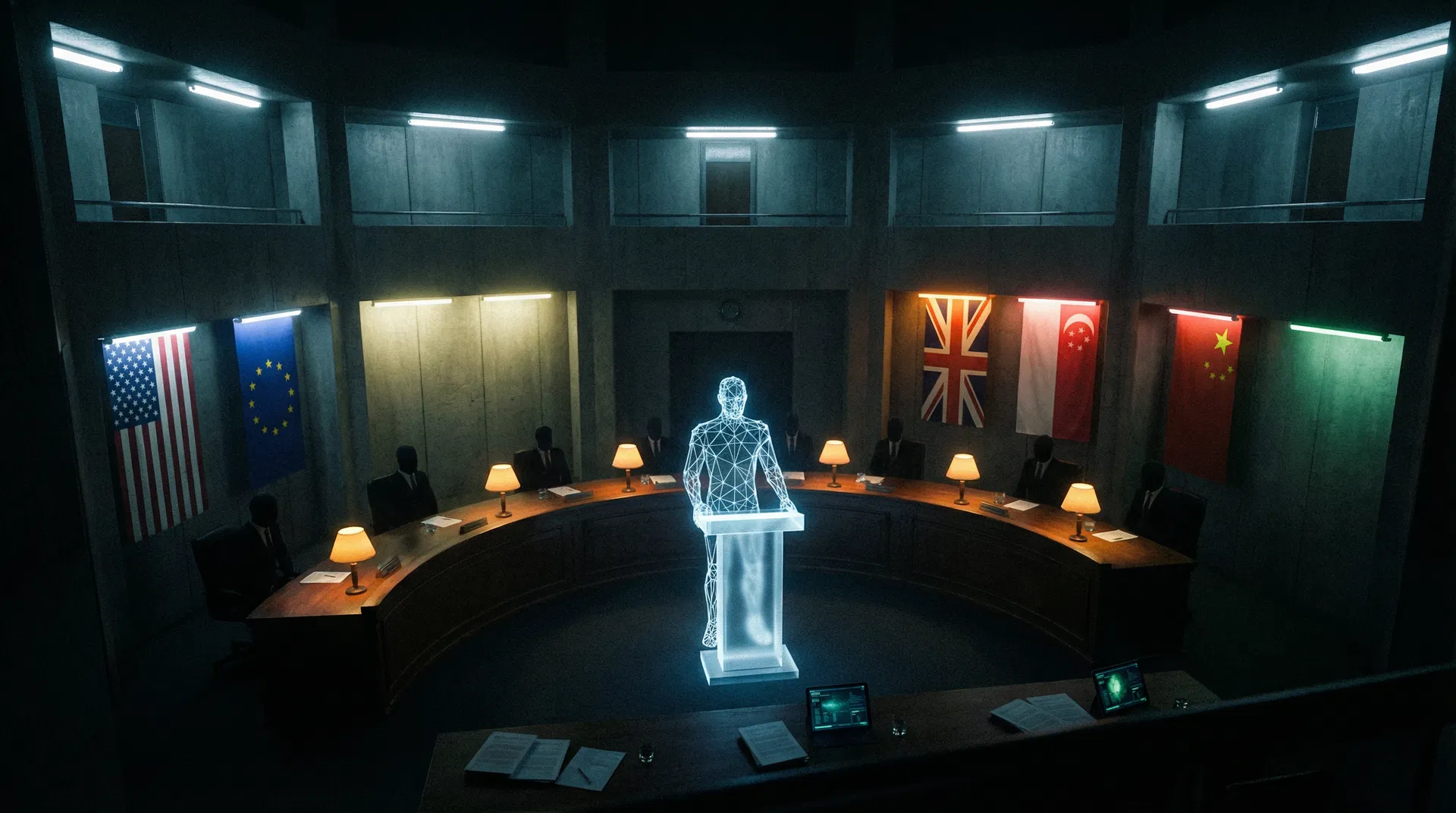 A holographic AI agent standing at a testimony podium before regulators in a dark governmental hearing chamber with five national flags - representing the global regulatory reckoning for agent identity
