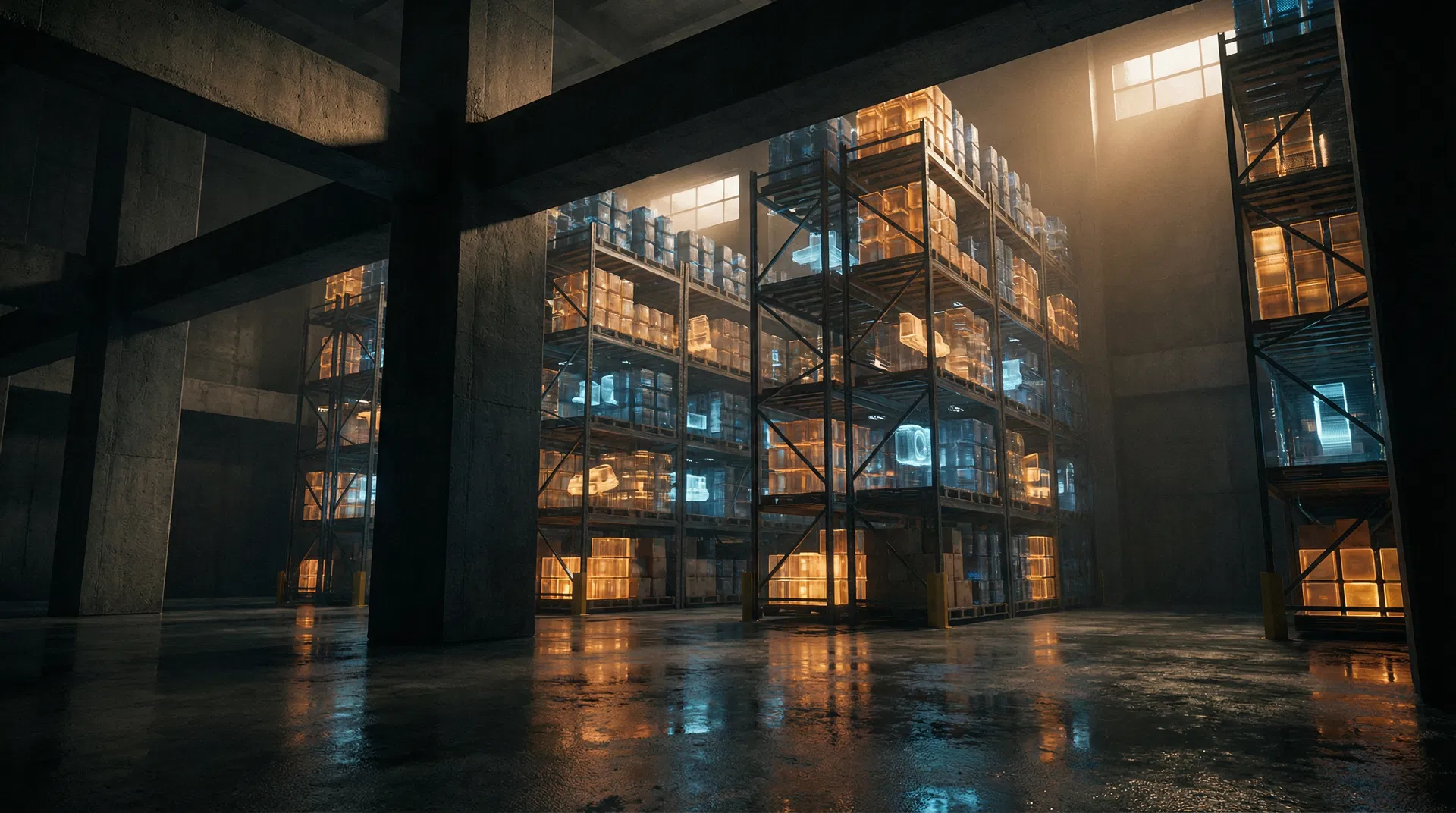 A vast brutalist warehouse interior with geometric shelving systems stretching into darkness - representing the merchant's operational infrastructure awaiting the trust architecture that gives it purpose