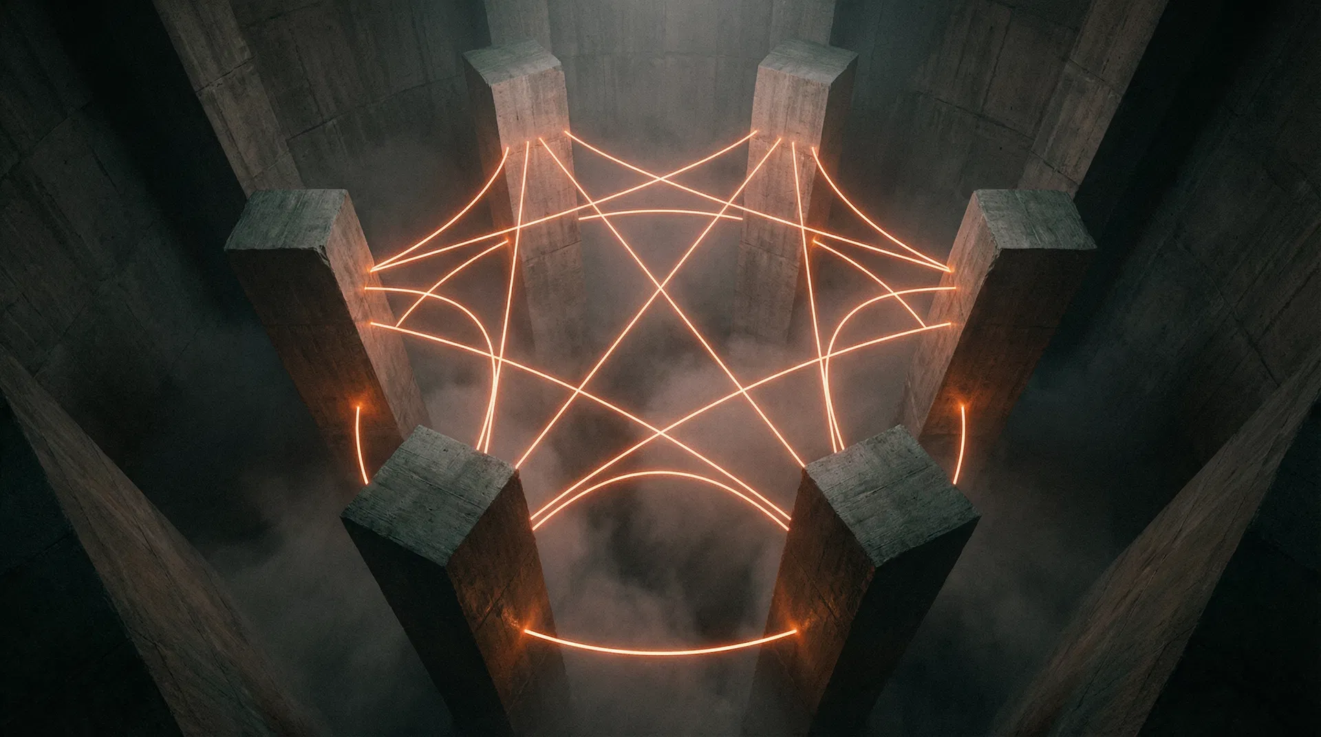 Six monolithic concrete pillars connected by luminous terracotta light beams forming a complex web of interconnections - representing the multi-agent orchestration challenge across six agentic commerce protocols