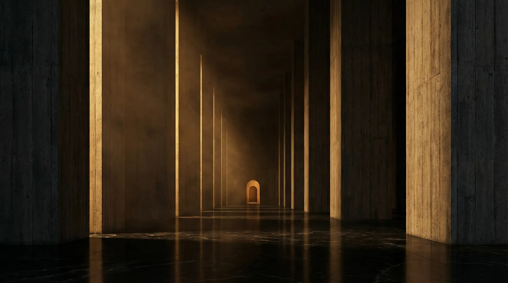 A vast dark brutalist banking hall with receding concrete corridors representing the growing distance between customer intent and institutional response in the age of agentic AI