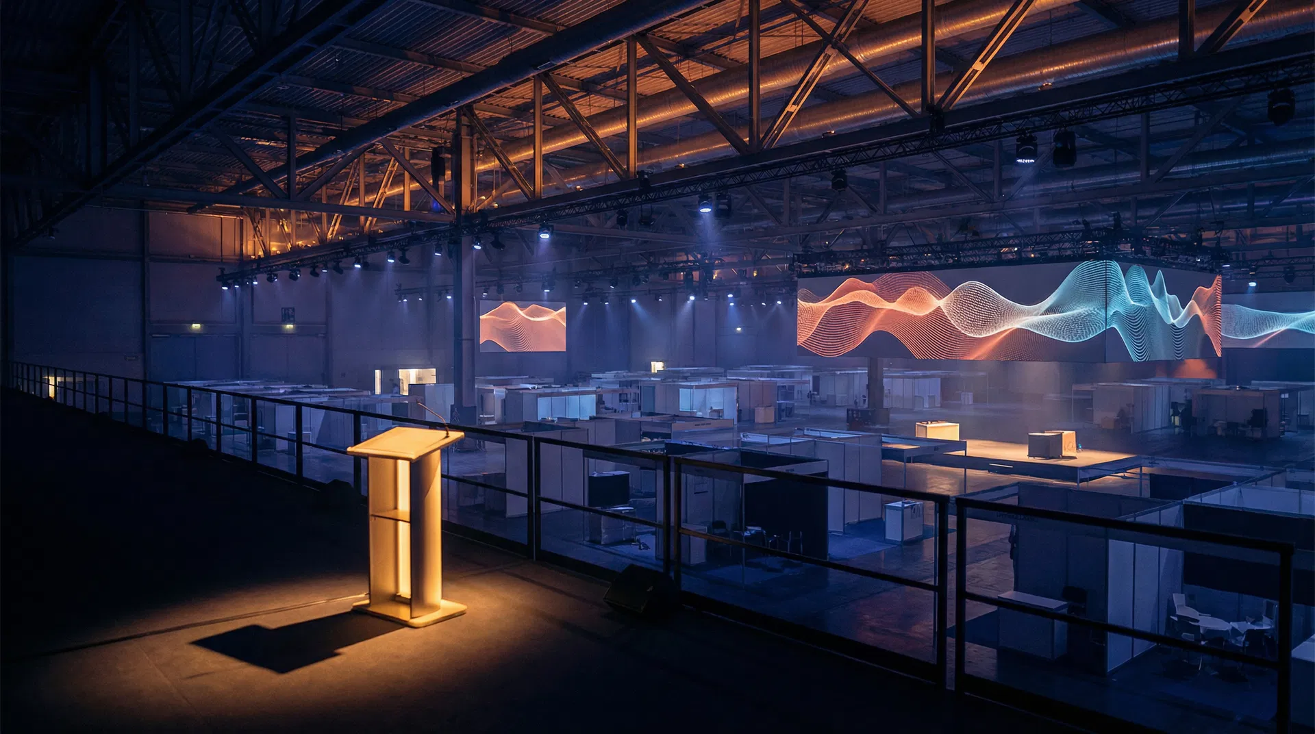 A vast brutalist convention hall rendered in dark concrete and terracotta light, with six monumental pillars each bearing a glowing corporate sigil, converging on a central illuminated stage - a visual metaphor for the six companies that made agentic commerce operational at Shoptalk 2026