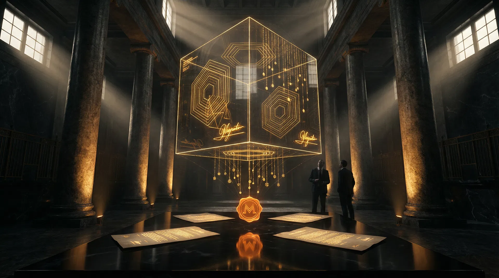 A vast dark marble banking hall with a floating holographic cube containing golden cryptographic wireframe patterns representing Mastercard's Verifiable Intent protocol - the first open standard for agent authorisation in agentic commerce