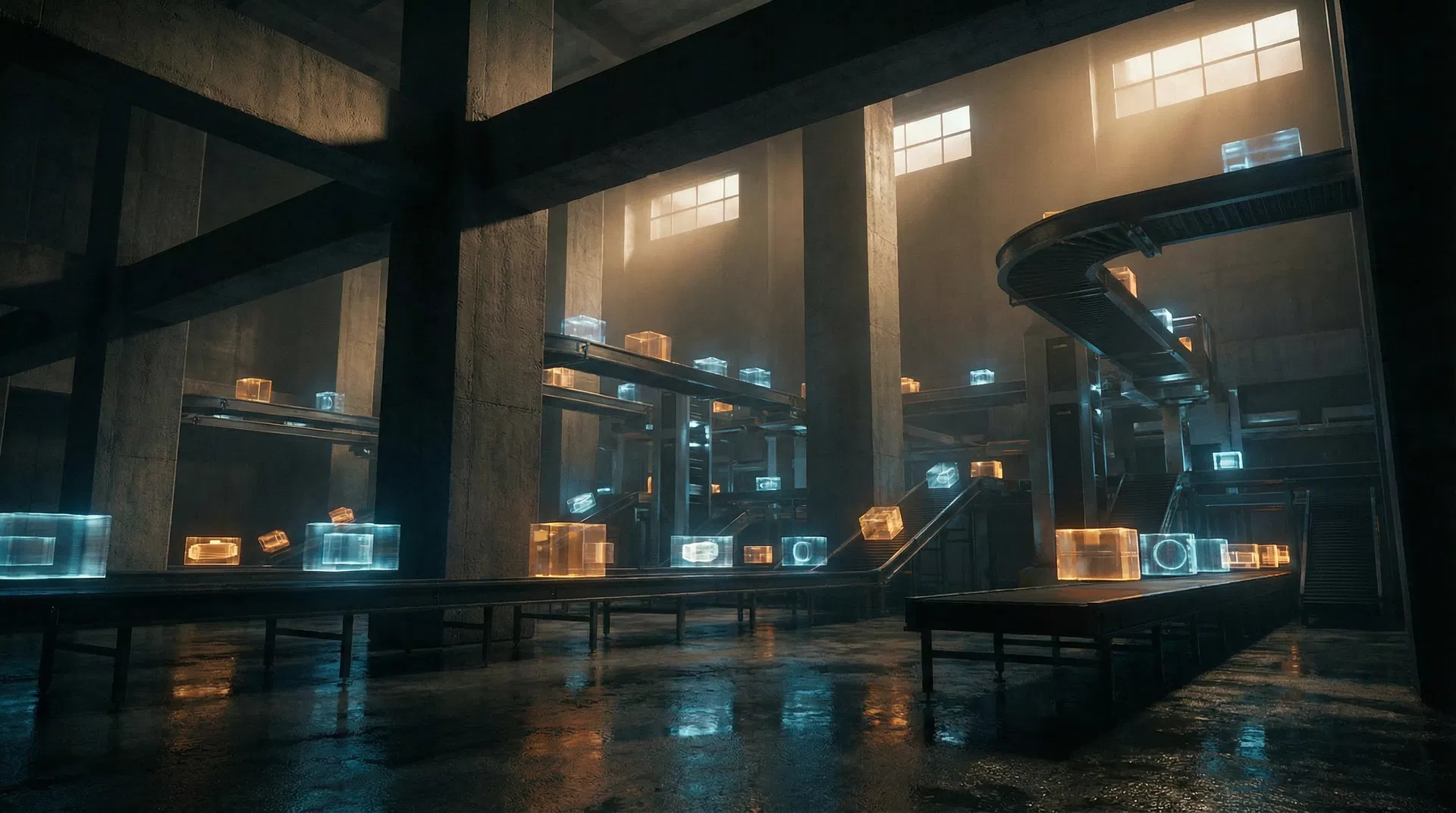 A vast brutalist interior with empty shelving systems stretching into darkness - representing the commerce infrastructure that operates without human presence