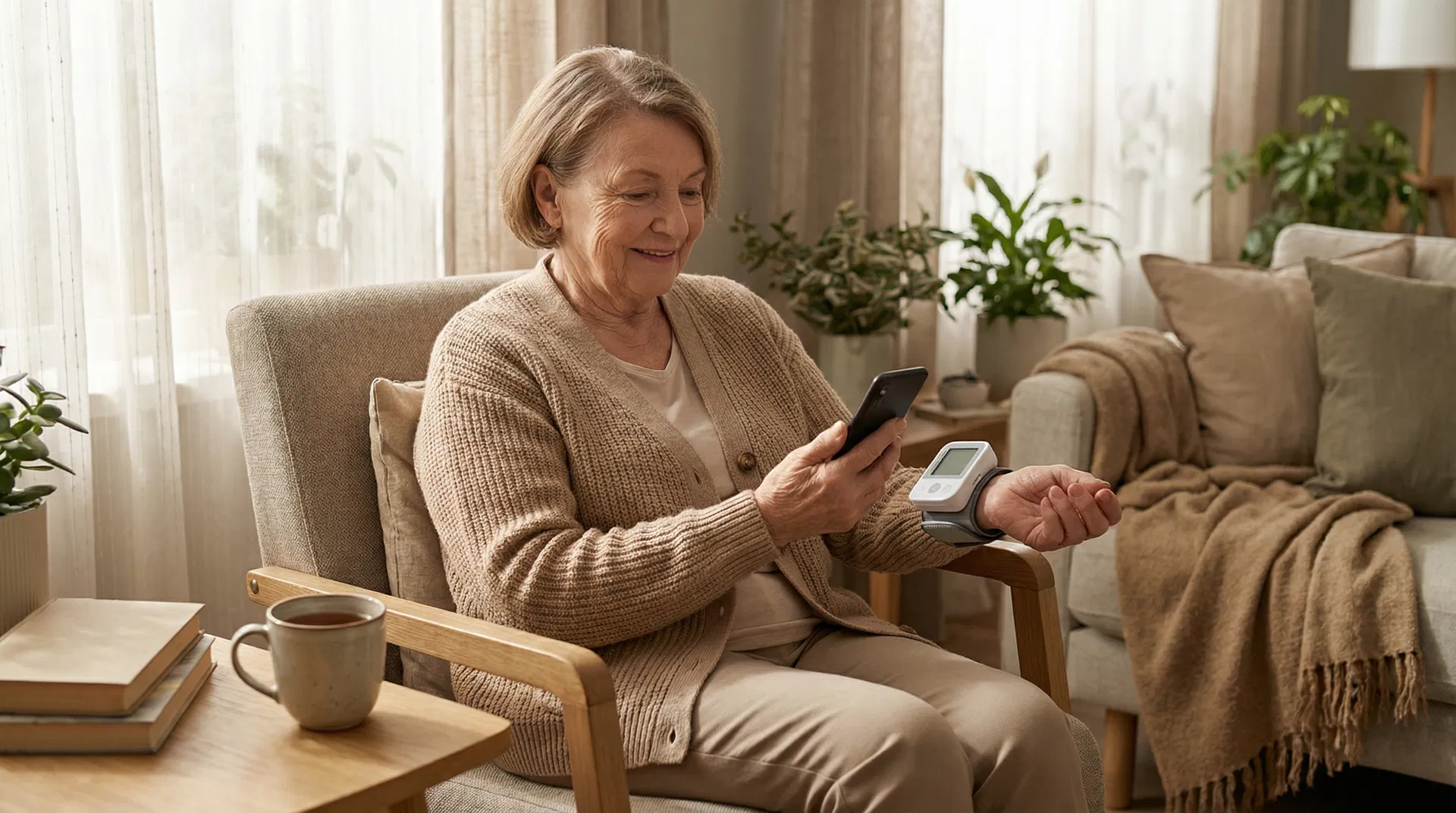 An elderly woman comfortably checking her blood pressure at home while looking at her phone