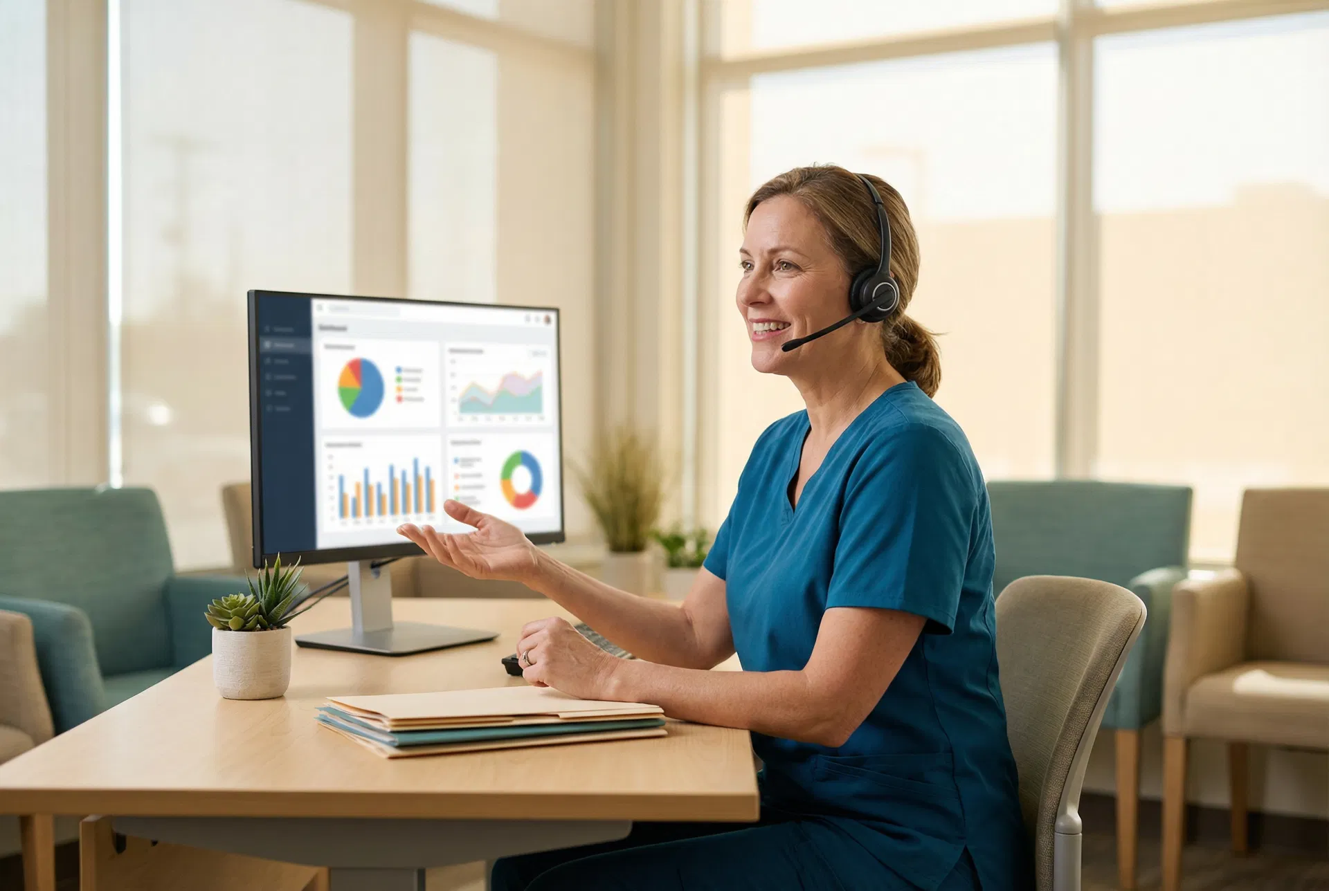 A nurse on a headset reviewing patient data on a dashboard