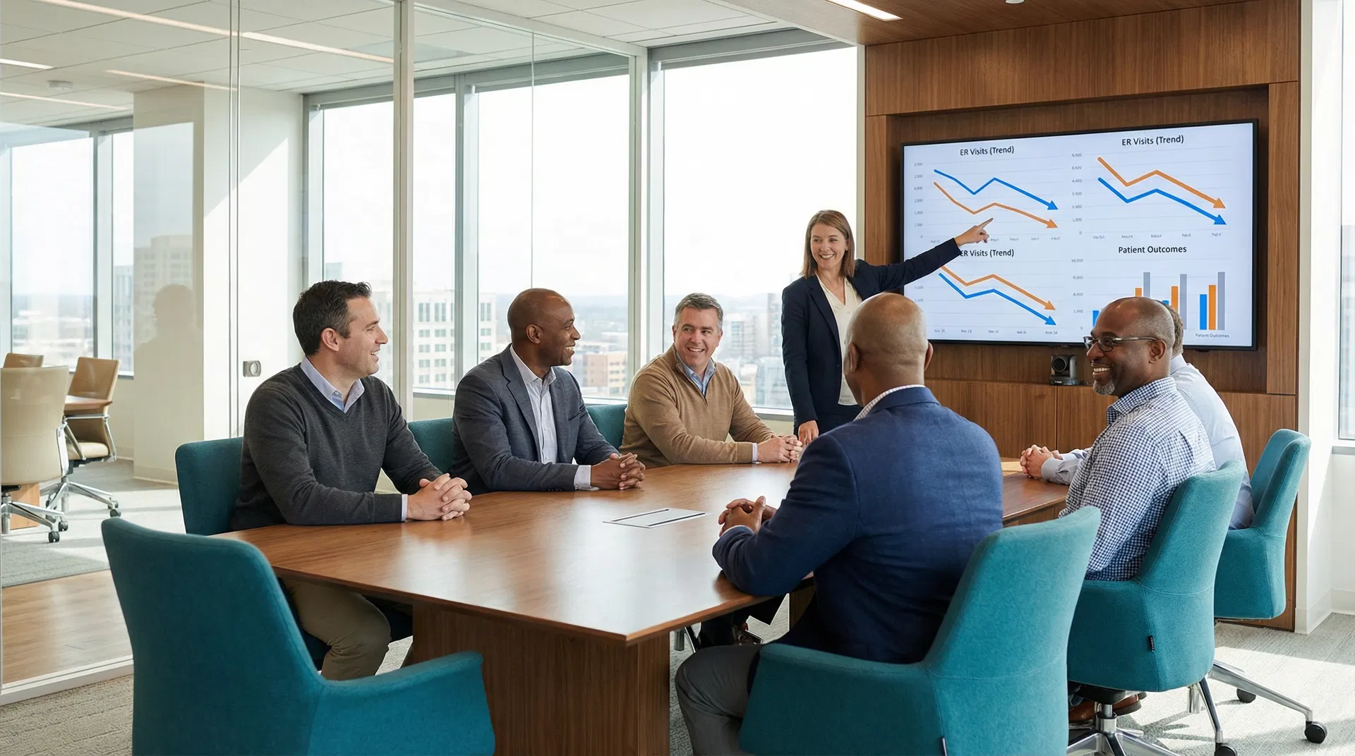 Healthcare executives reviewing ER visit reduction data in a conference room
