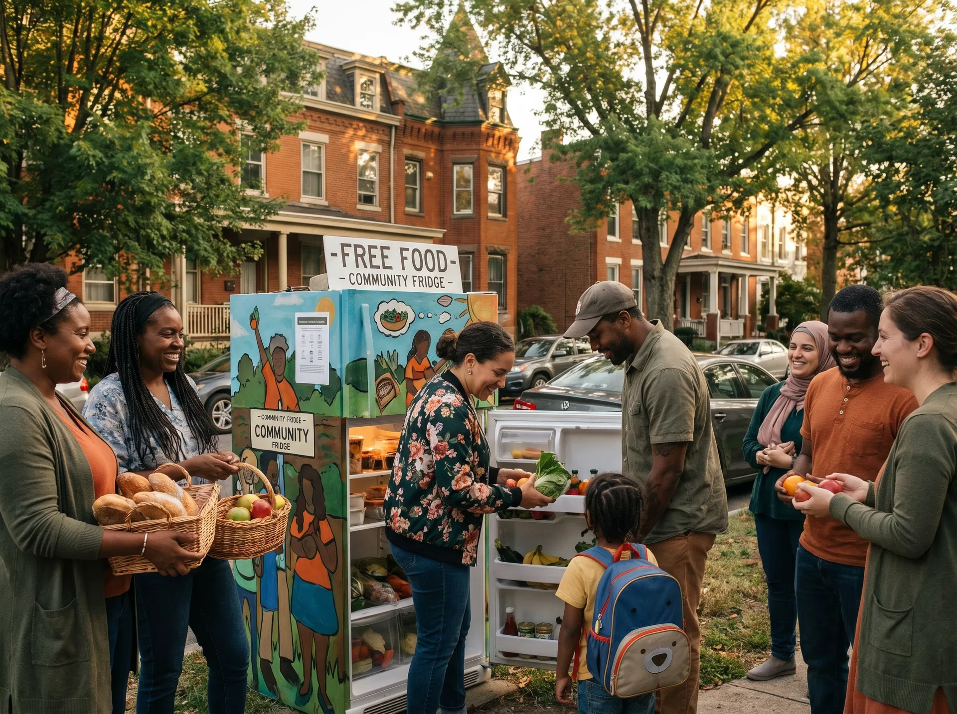 Community members gathering around a community fridge