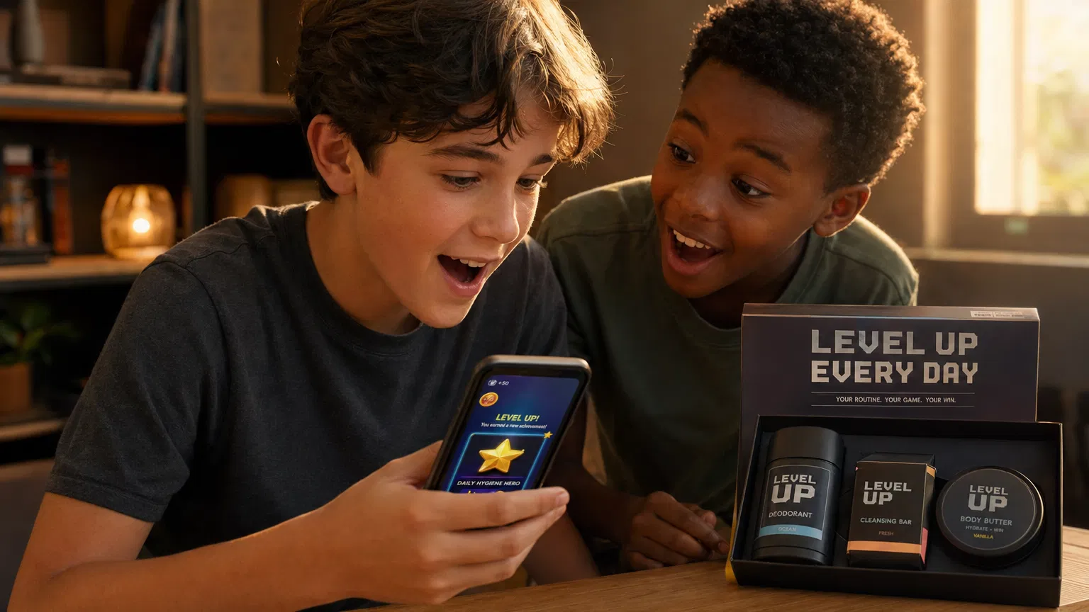 Boys excited about the Mighty Boyz app and hygiene kit