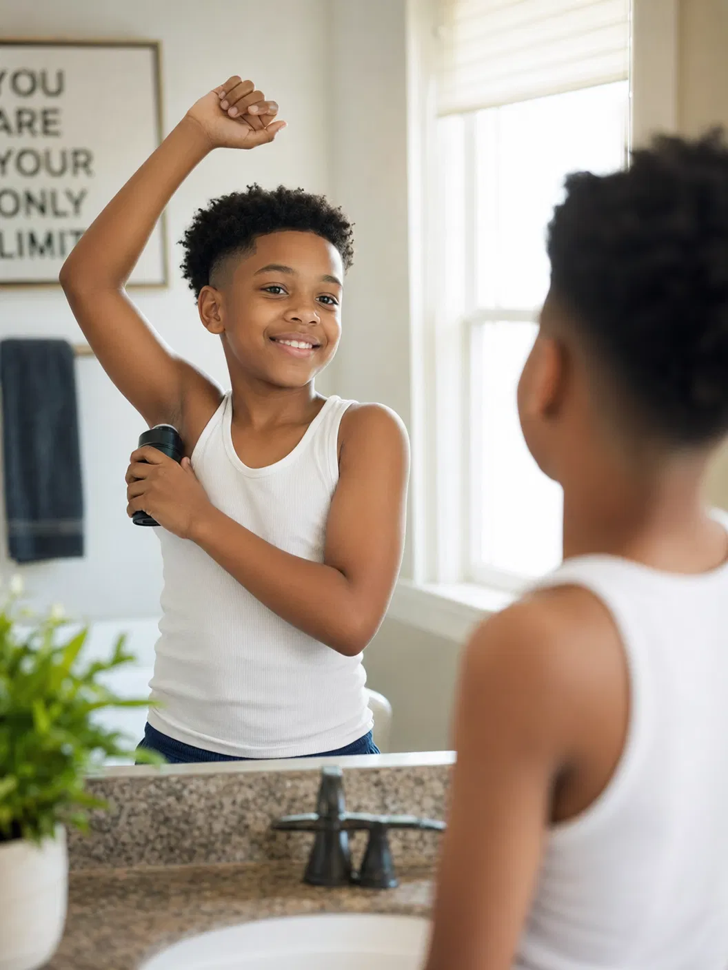 Boy practicing hygiene routine