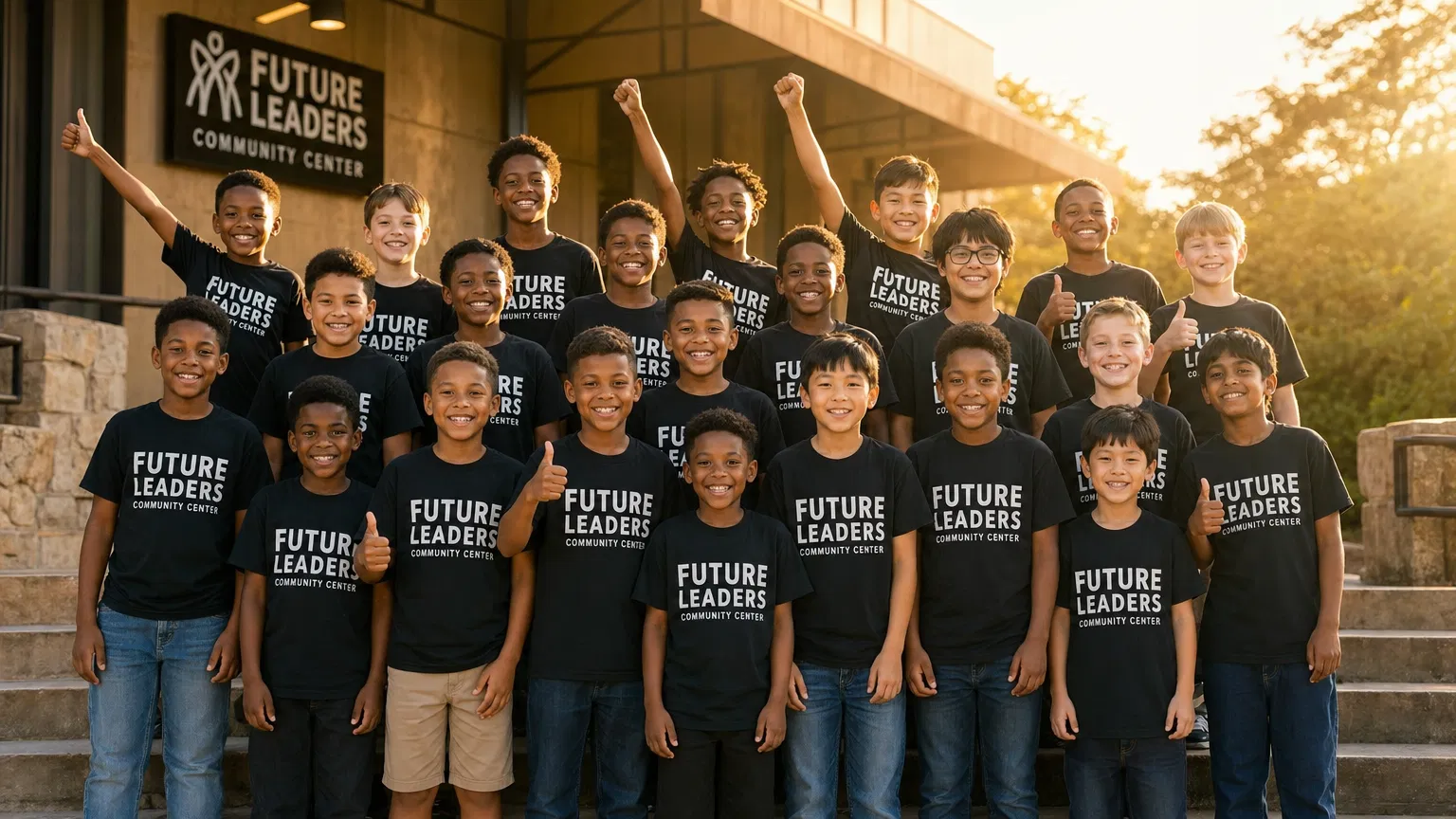 Large diverse group of boys in matching shirts