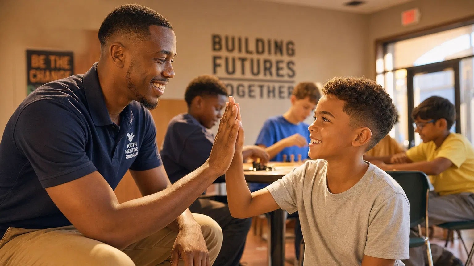 Mentor high-fiving a young boy in a community center