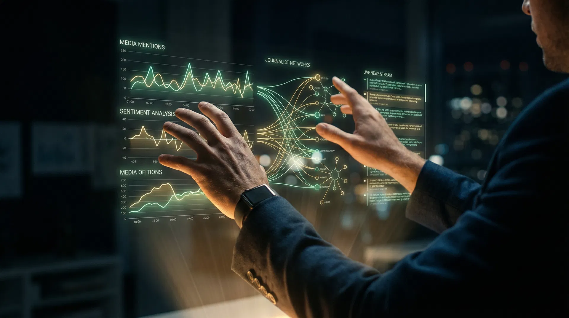 AI-powered PR intelligence at your fingertips — holographic data visualizations showing media mentions, journalist networks, and sentiment analysis