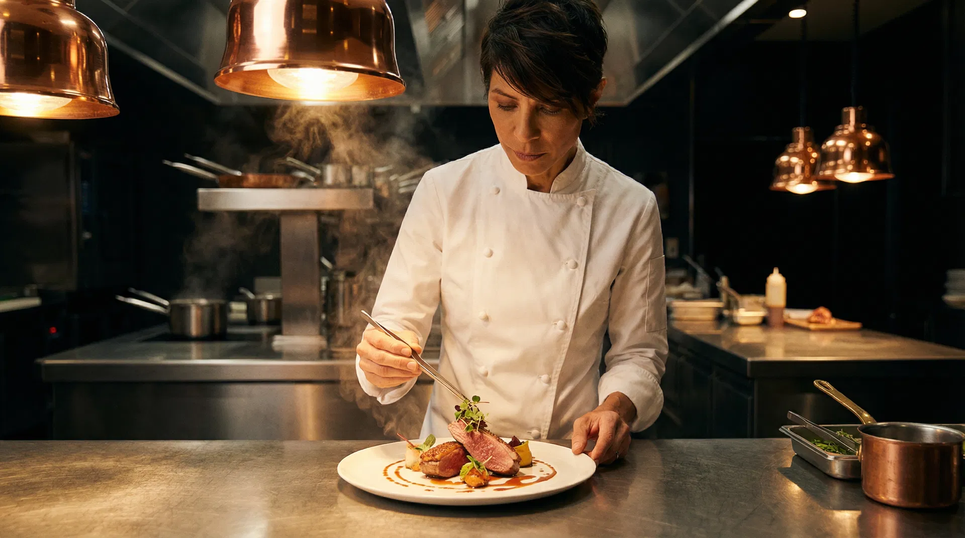 Michelin-starred chef plating a dish with precision