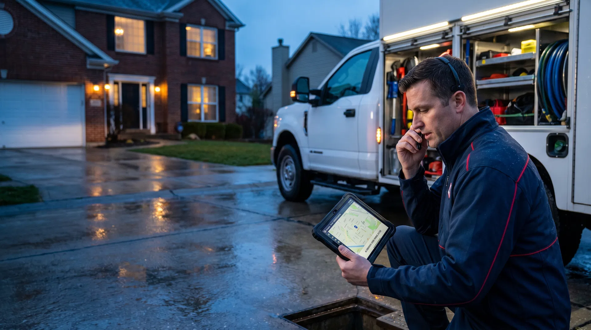 Drain technician using a tablet near a service truck outside a home