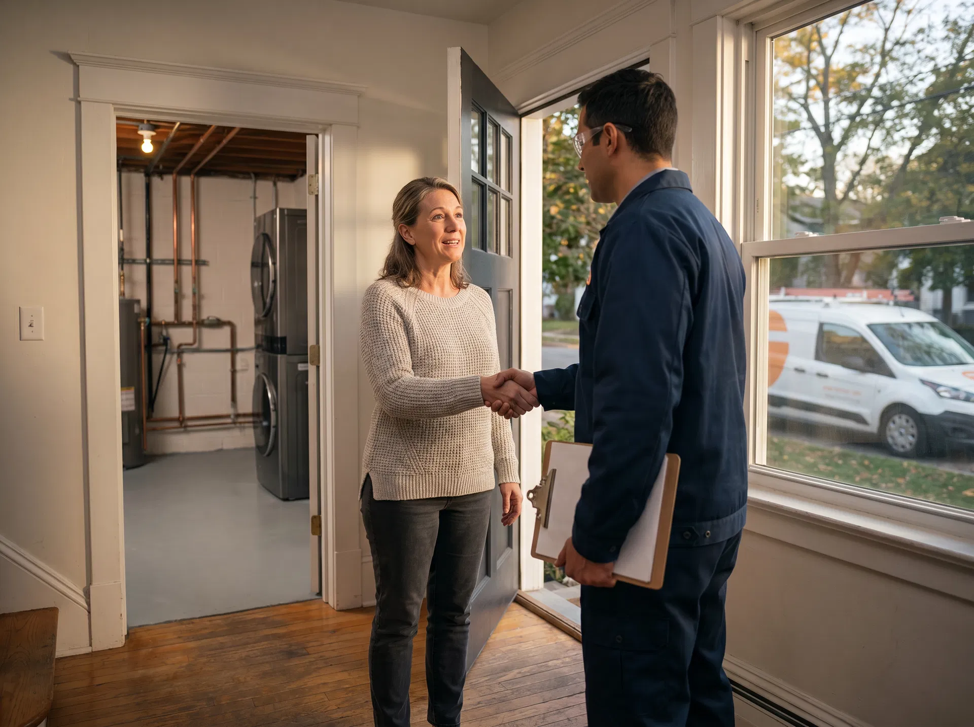 Homeowner shaking hands with a drain service technician after completed work