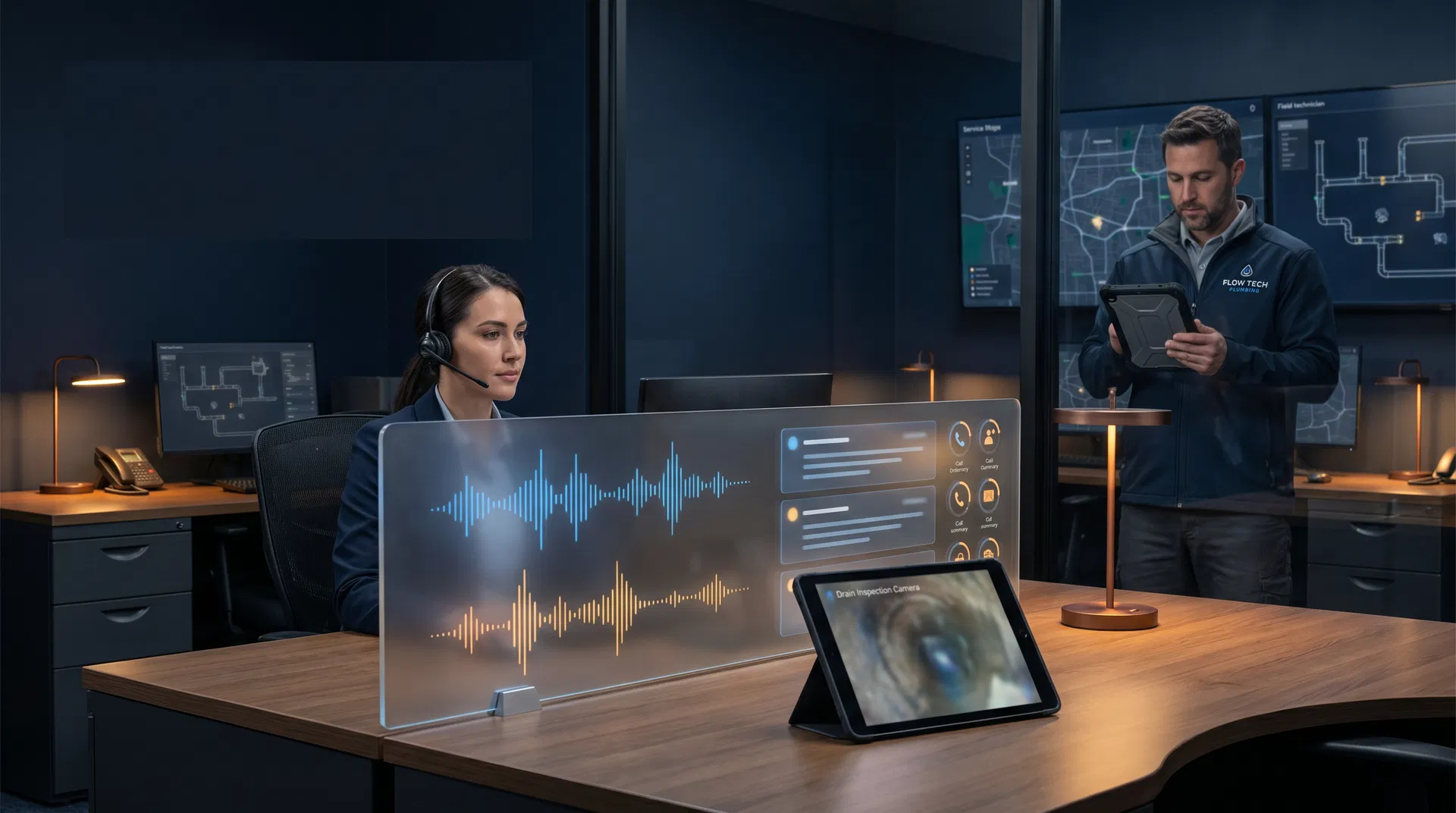 Dispatch and voice AI inspired operations scene with service coordinator and technician