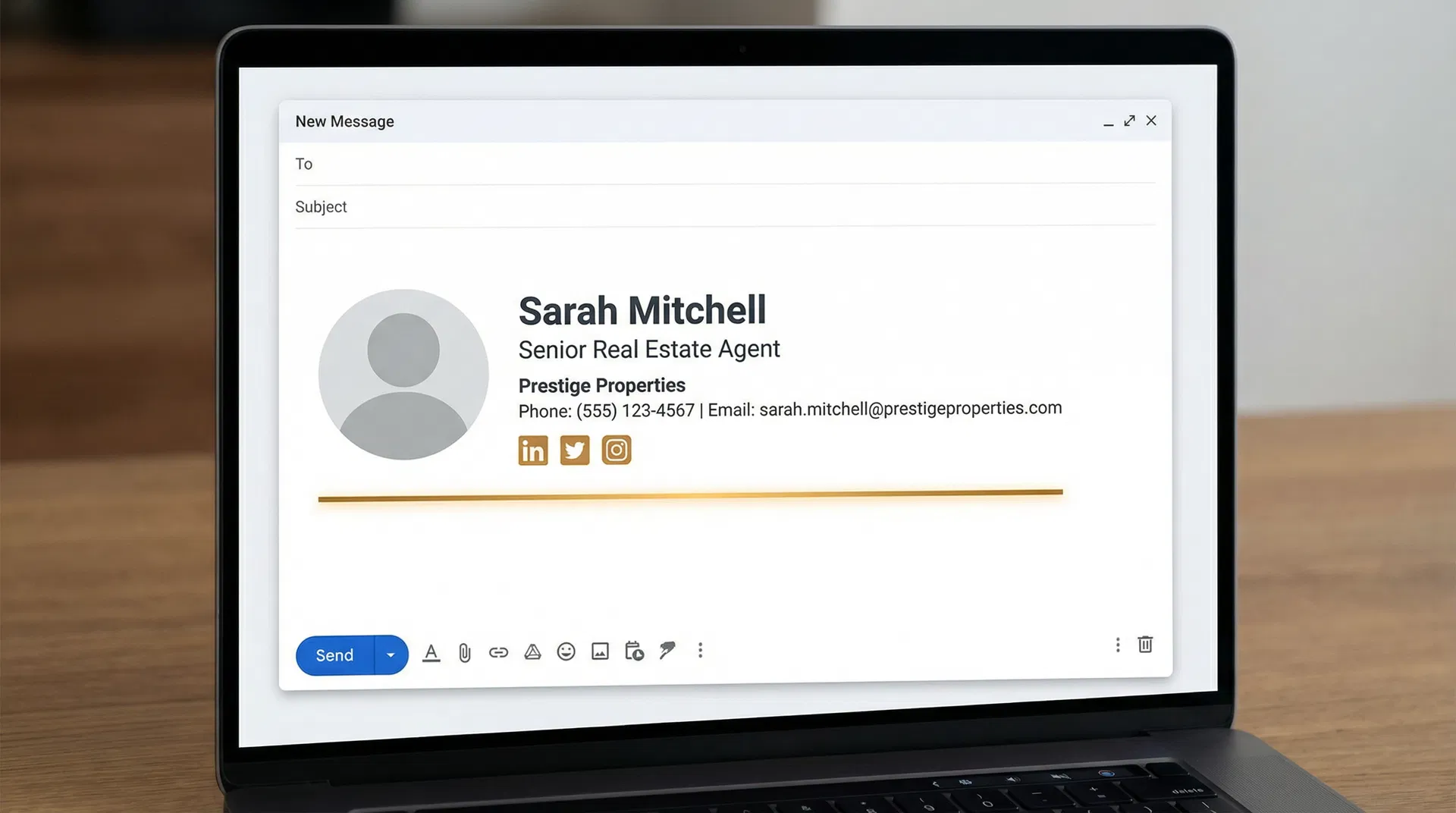 Professional email signature example shown in a Gmail compose window