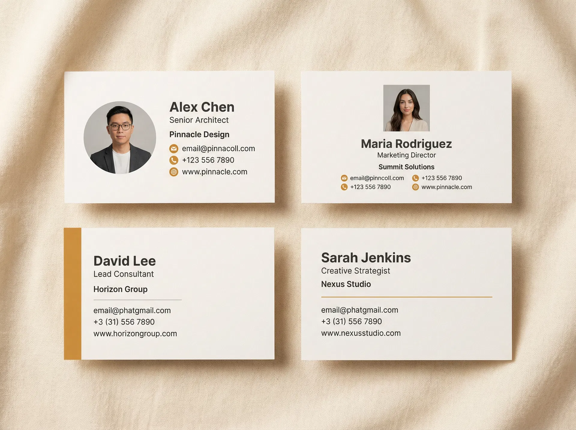 Four professional email signature templates: horizontal with photo, centered executive, bold sidebar, and minimalist