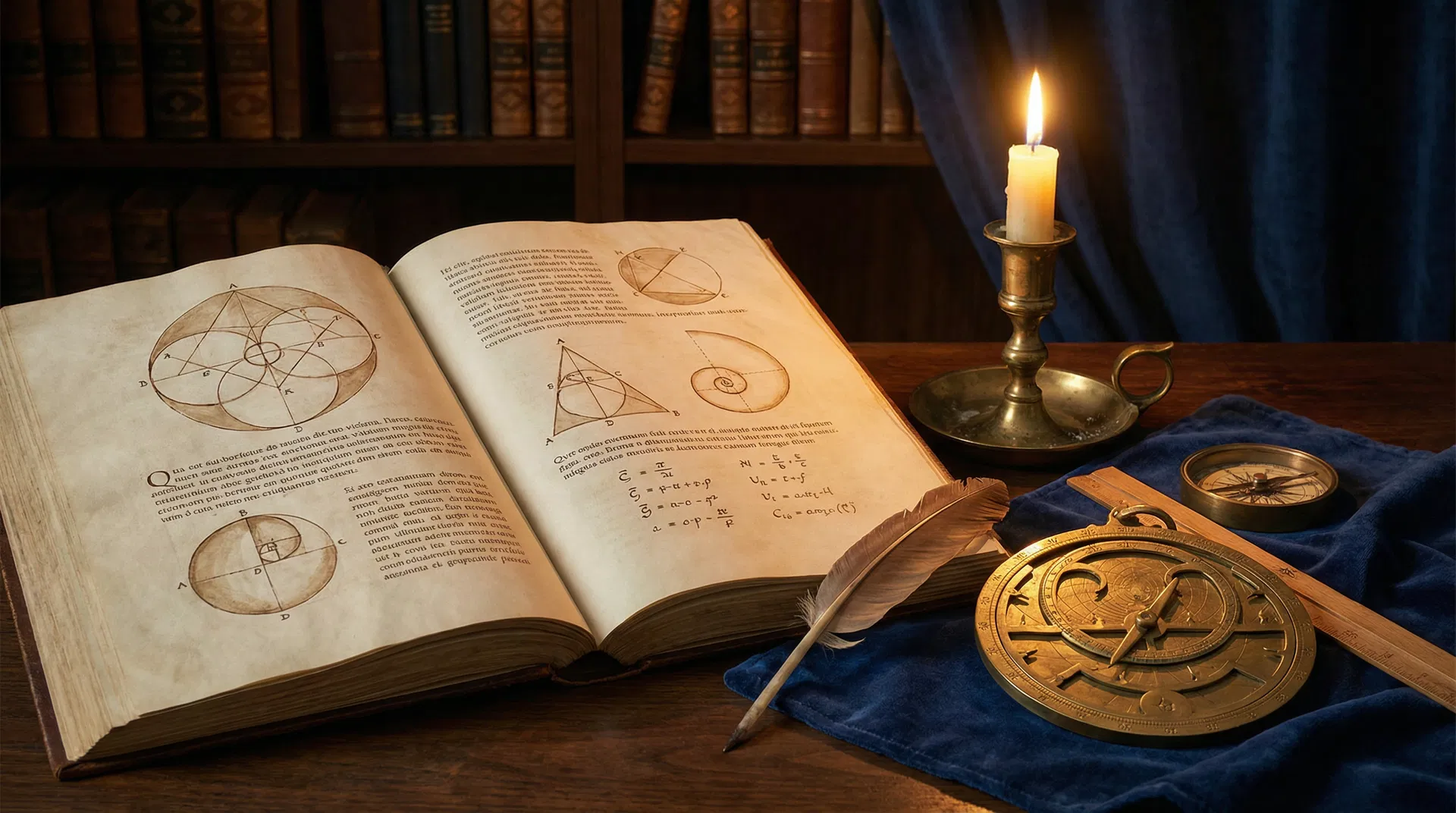Classical mathematics manuscript with geometric diagrams, astrolabe, and candlelight
