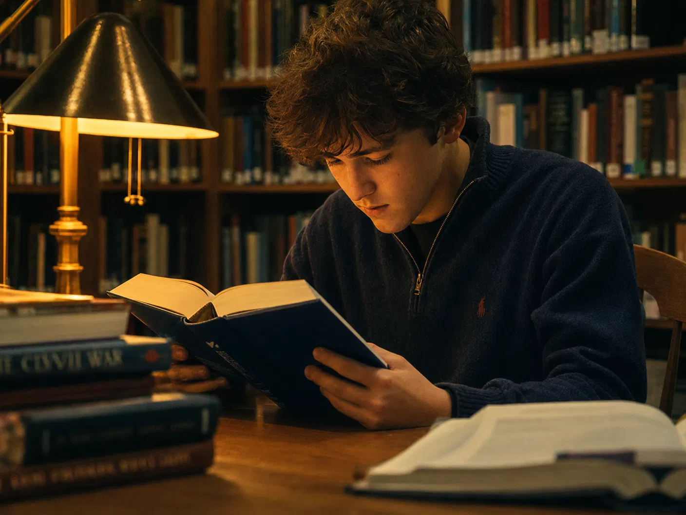Student reading a book in a library