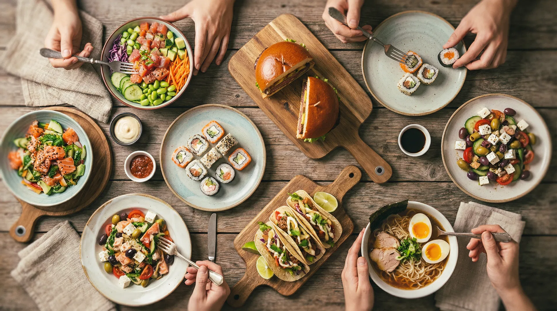 Diverse lunch spread on a table