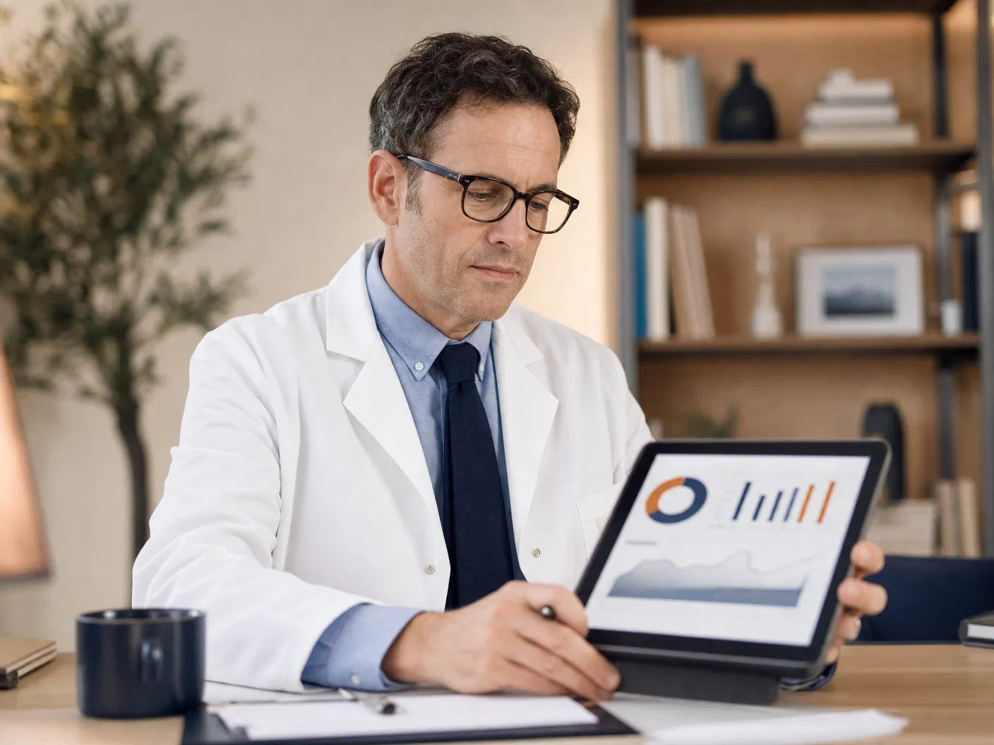 A clinician reviewing abstract lab-result charts on a tablet