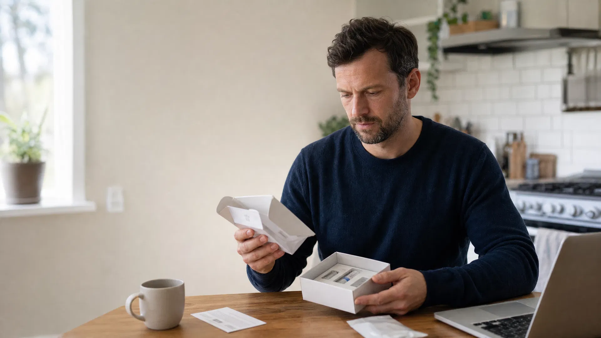 A man at a kitchen table opening an unbranded at-home test kit