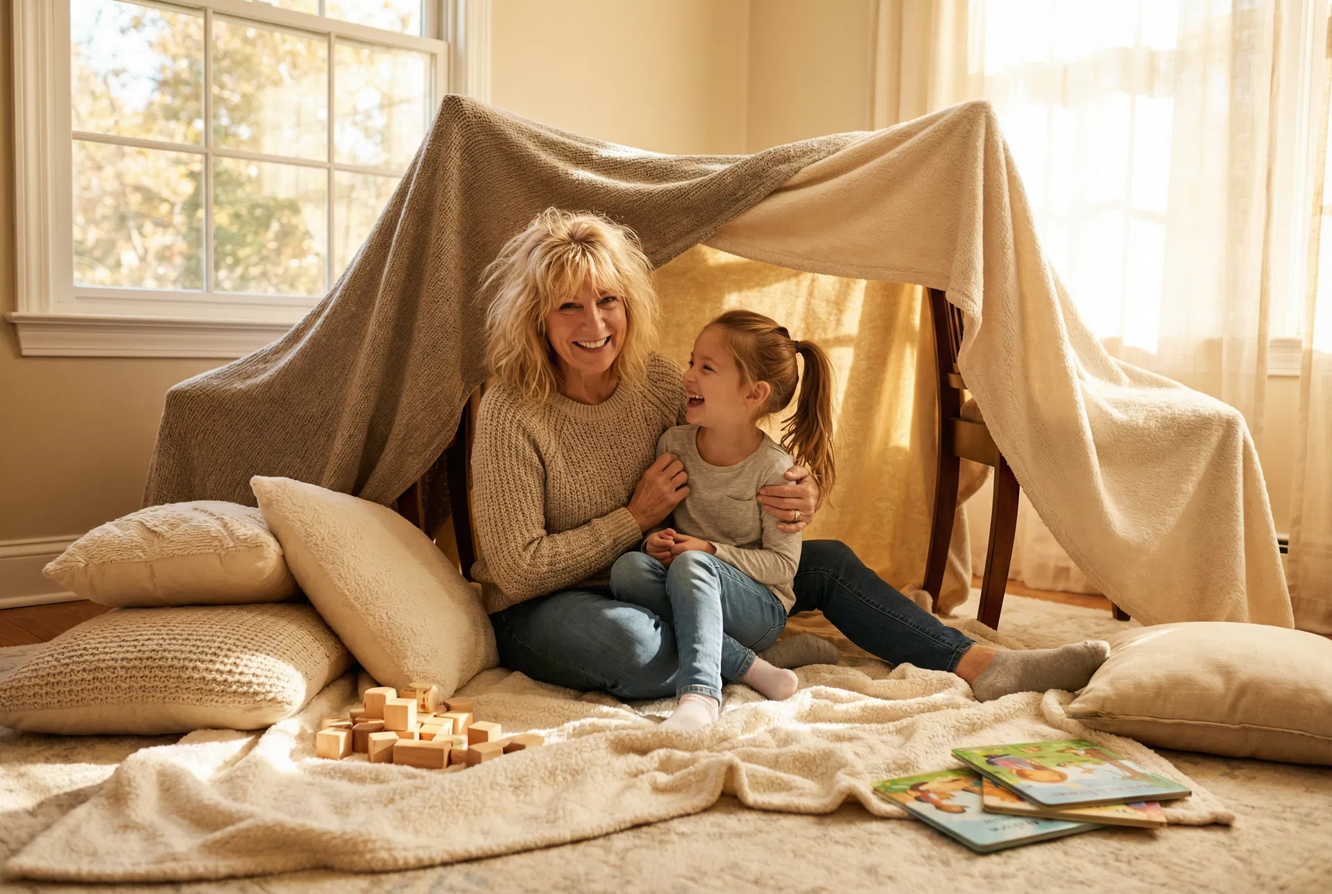 Diane playing with her granddaughter Lily in a blanket fort — pain-free for the first time in years