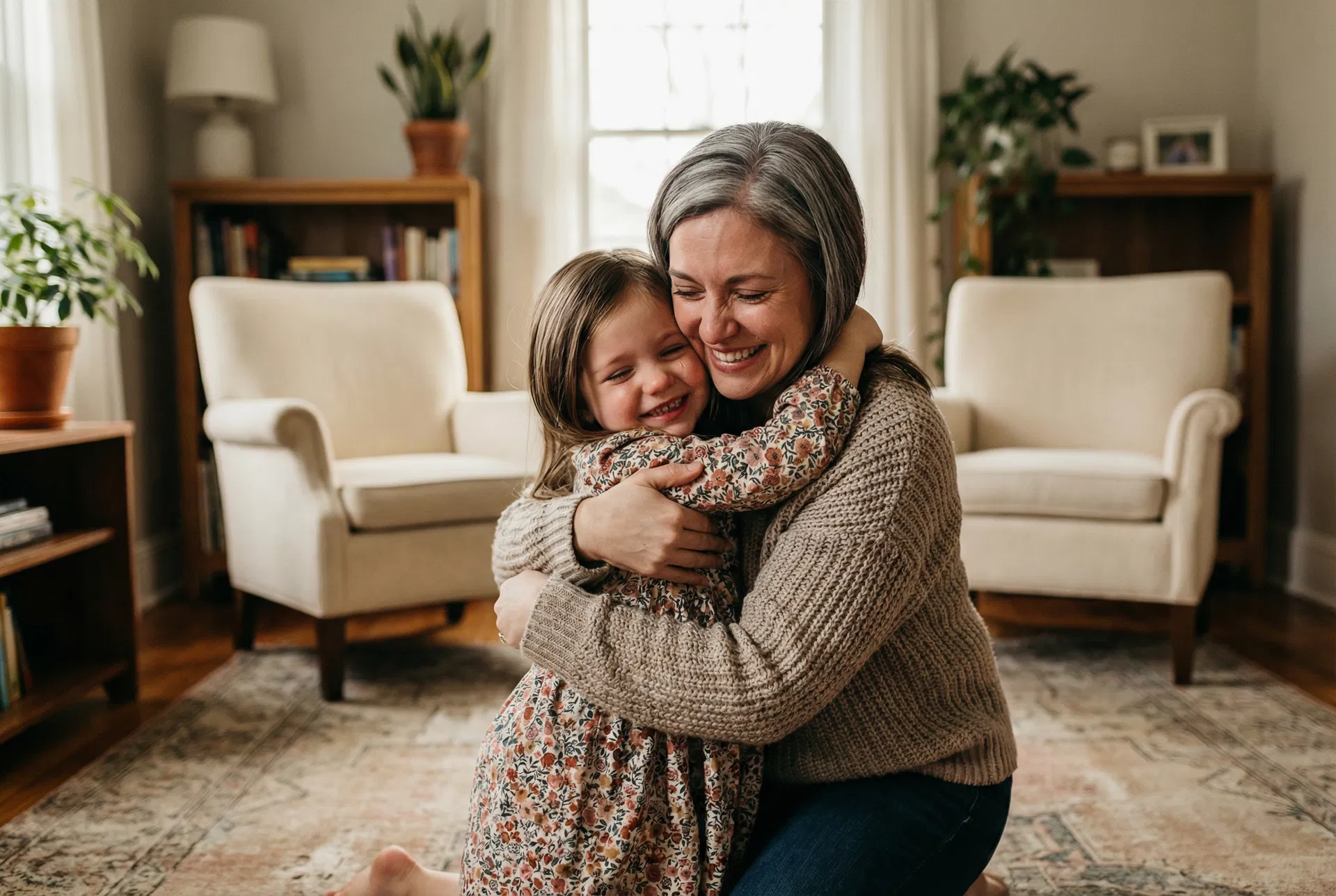 Diane hugging her granddaughter Lily tightly, both smiling with pure joy