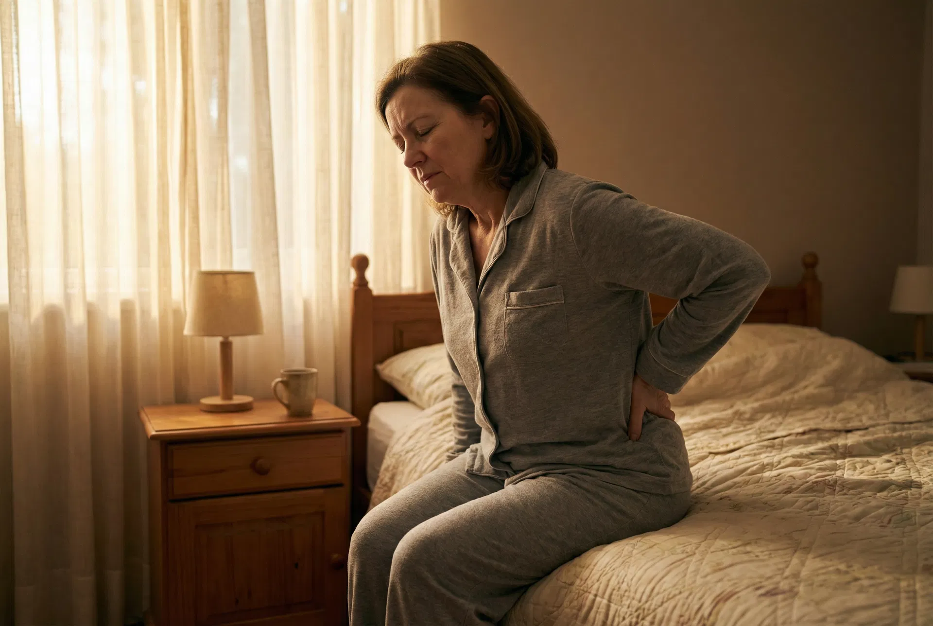 A woman sitting on the edge of her bed, hand on her lower back, bracing for another painful morning
