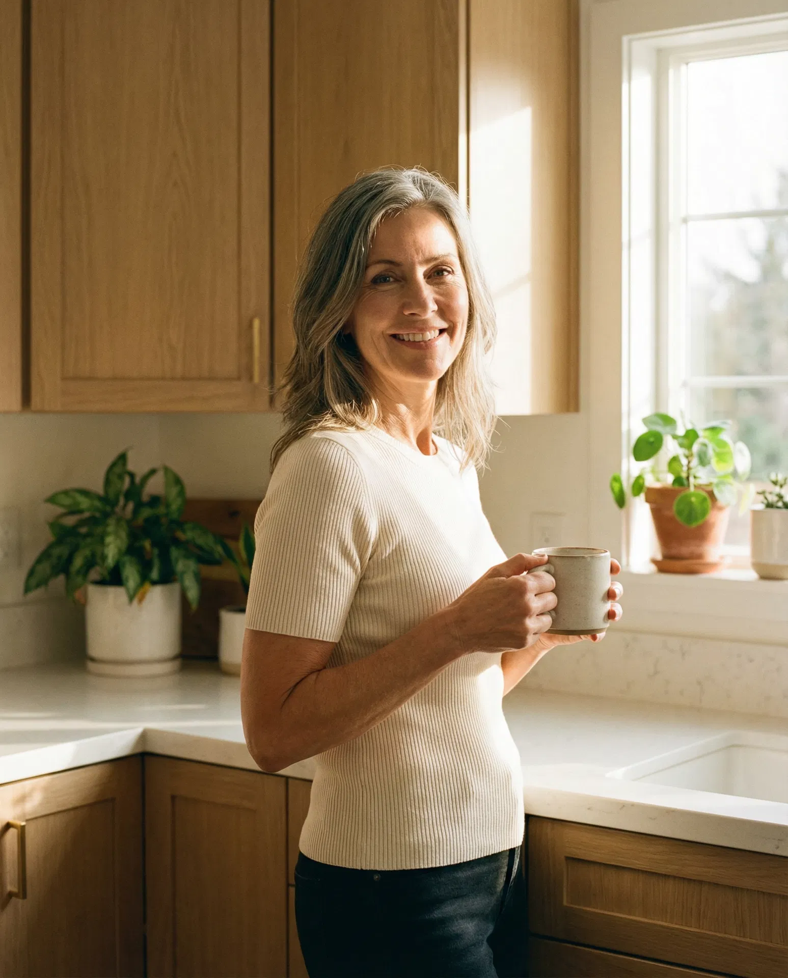 A confident woman standing tall in her kitchen, shoulders back, smiling — the posture transformation