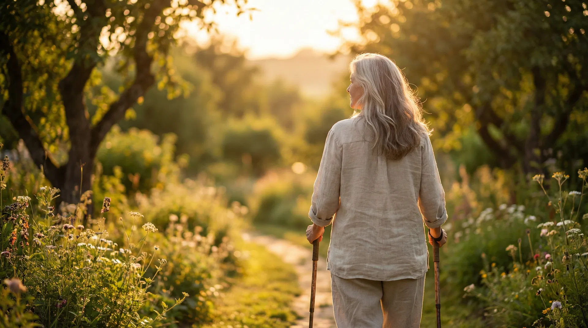 A woman walking freely through a sunlit garden path — reclaiming her life