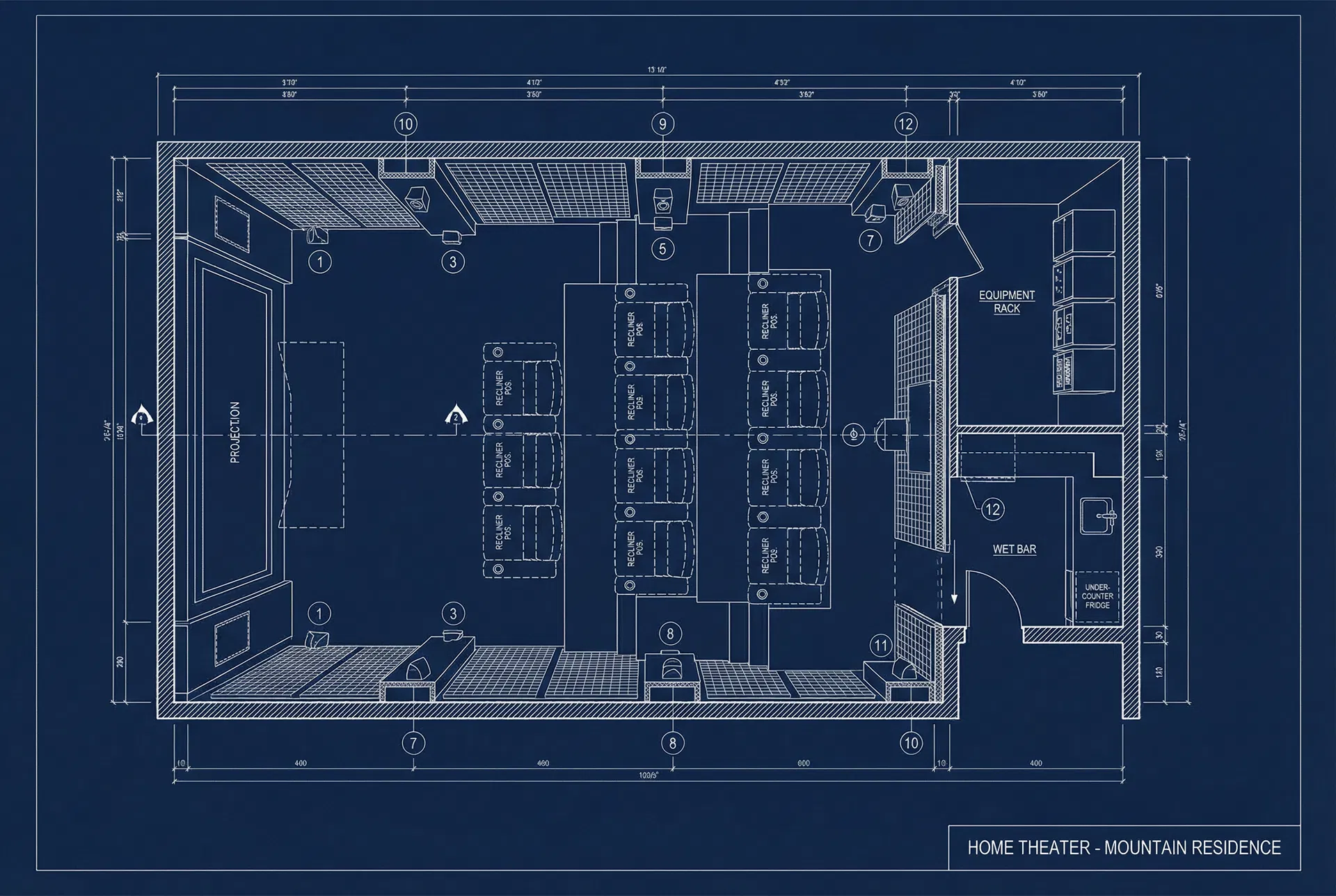 Home theater design with tiered seating and Dolby Atmos surround sound system