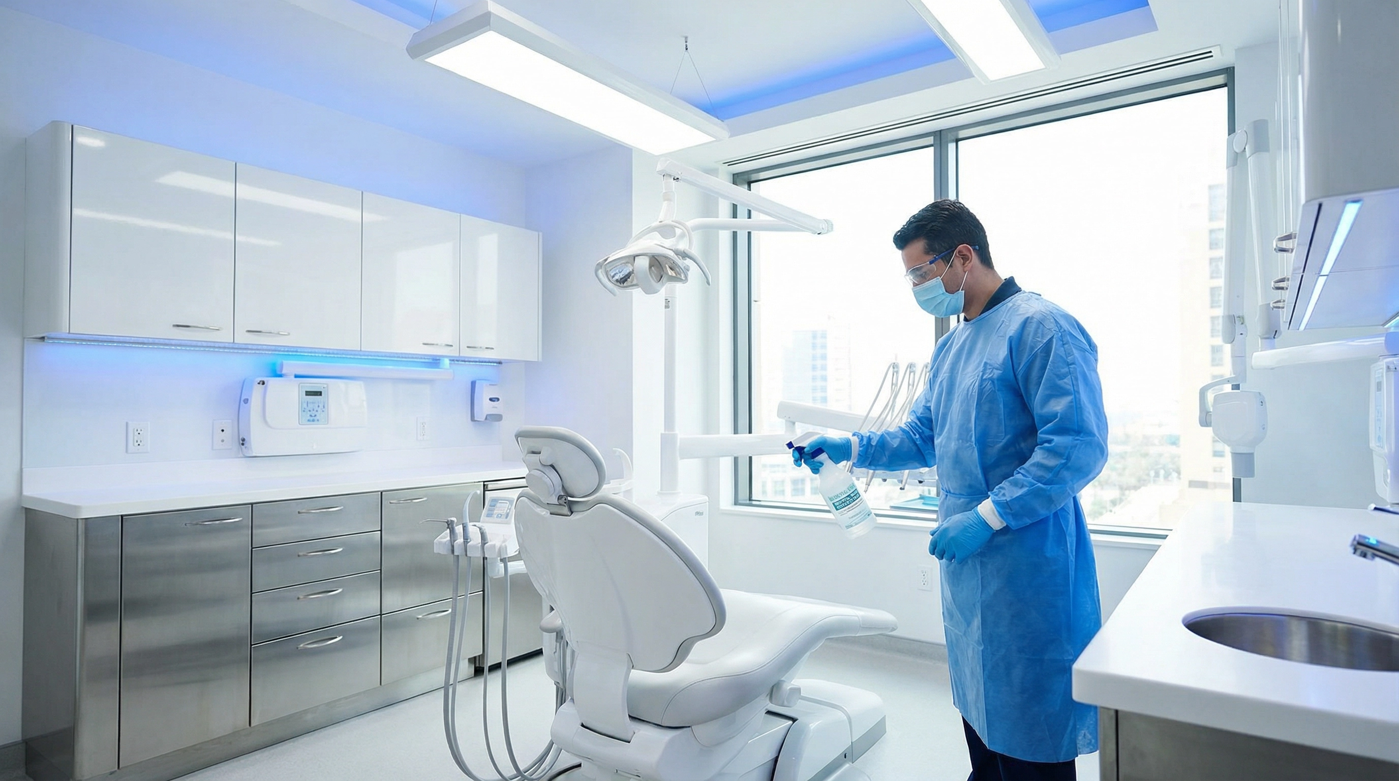Dental office cleaning specialist in full PPE disinfecting a dental examination room in Winnipeg