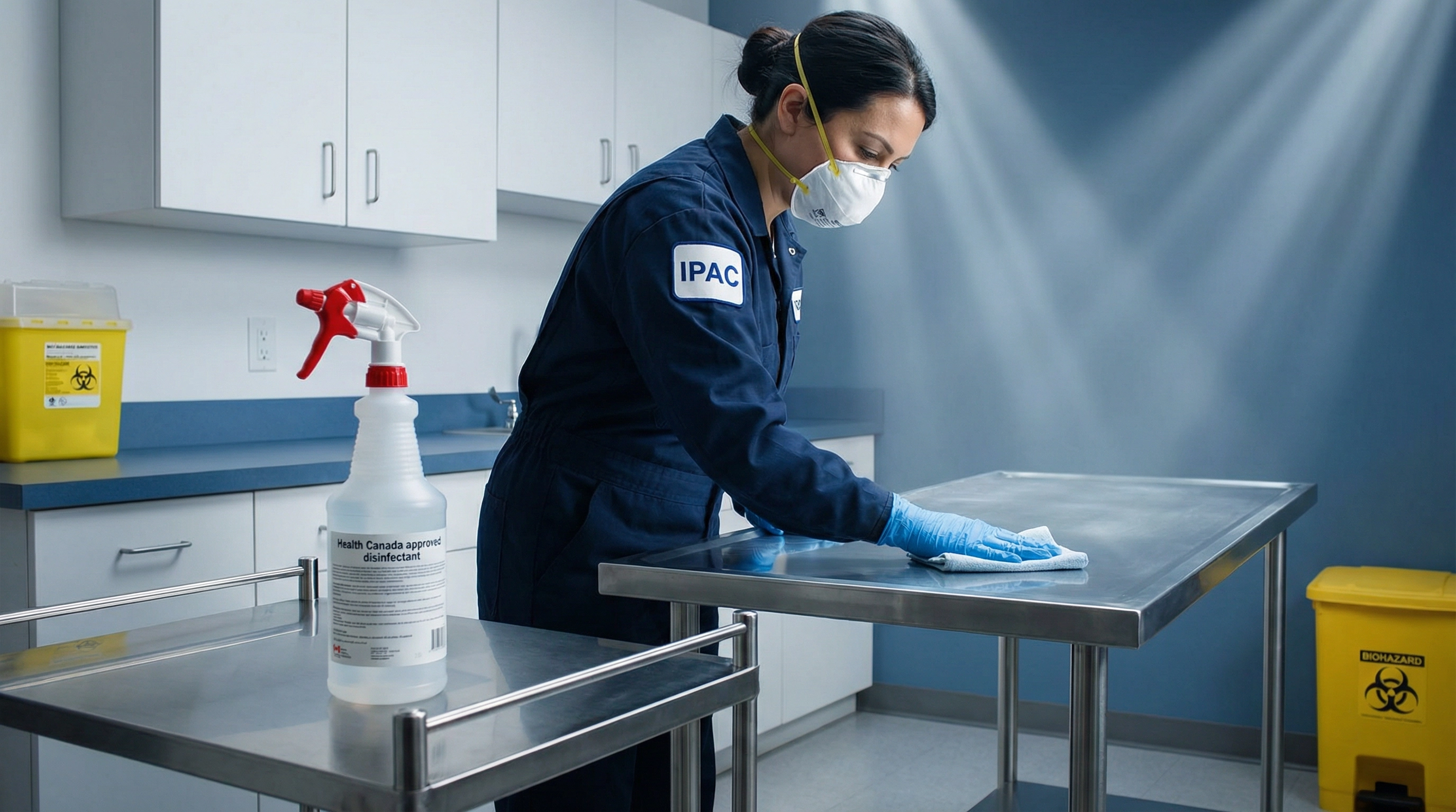 Shallom Cleaning Services specialist in full PPE disinfecting a Winnipeg medical office examination room