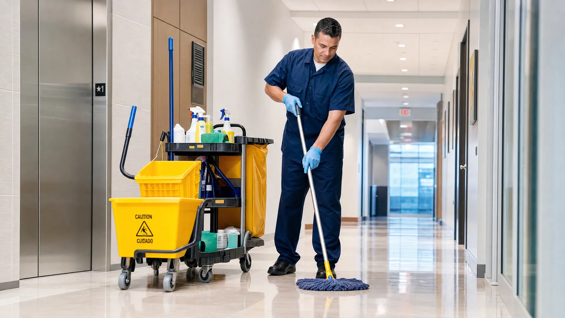 Professional janitorial services Winnipeg — worker mopping hallway with cleaning cart and supplies