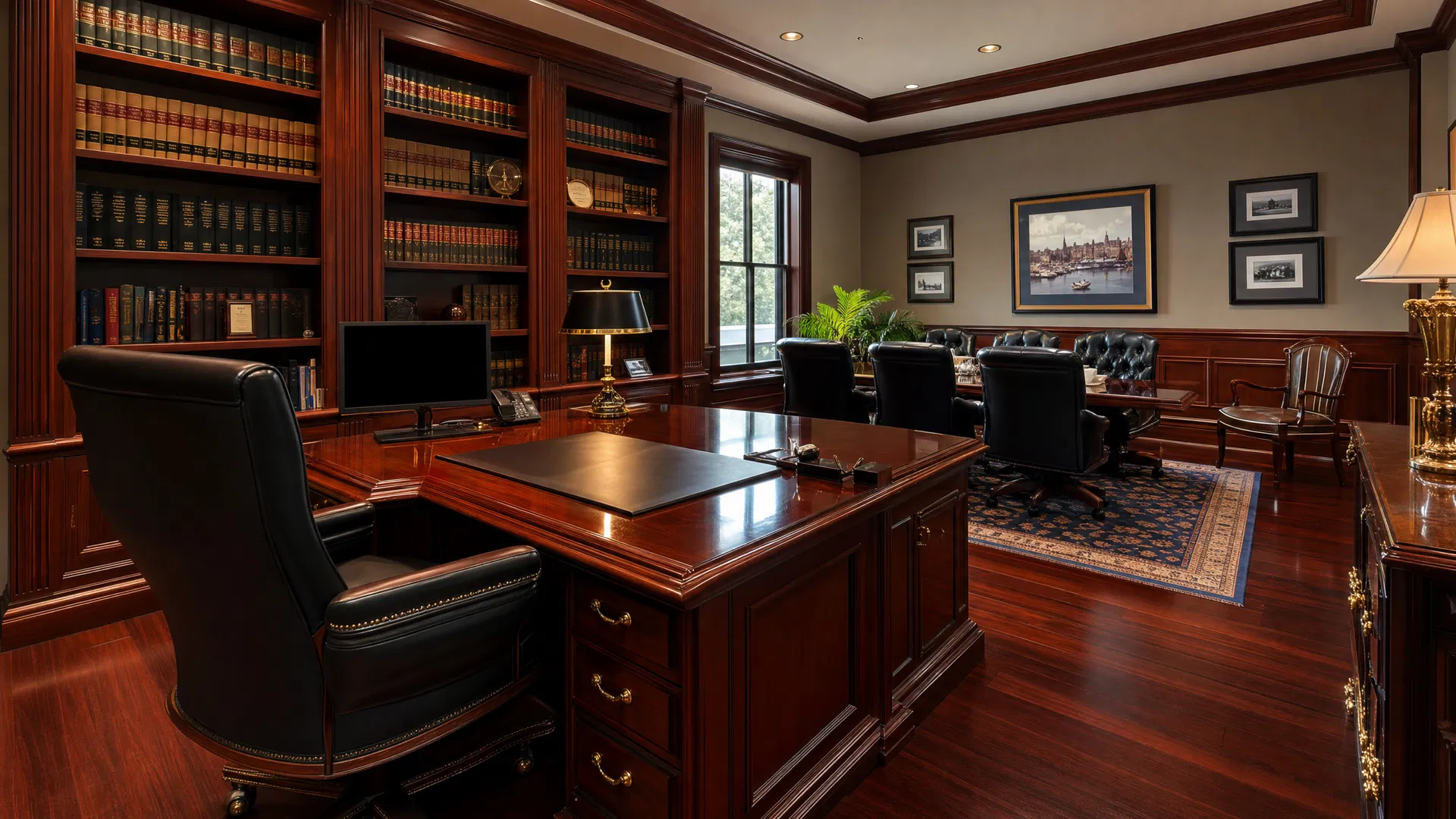 Professional office cleaning for law firms Winnipeg — upscale office with mahogany desks and leather chairs