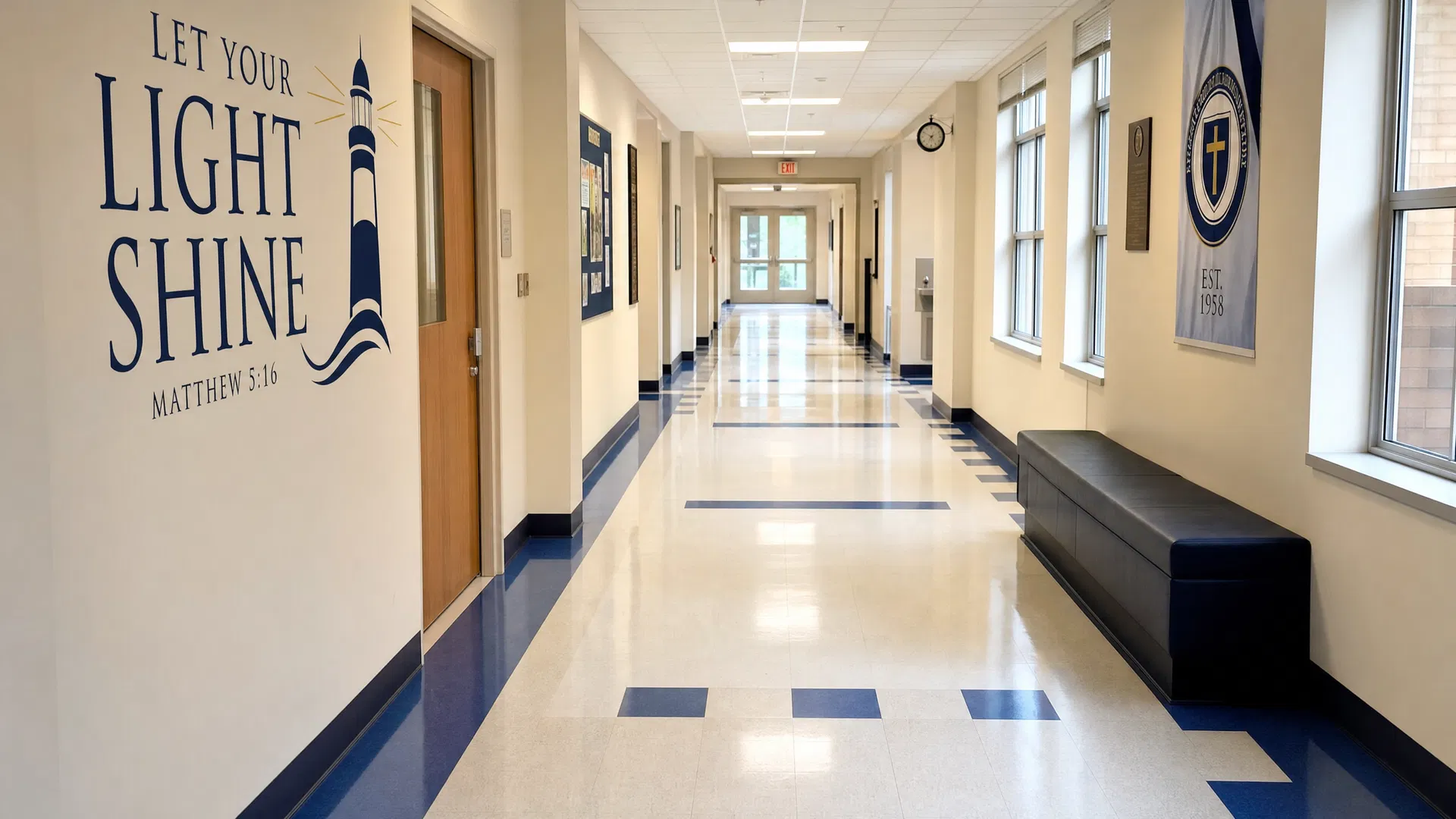 School and church cleaning Winnipeg — bright institutional hallway with polished floors and natural light