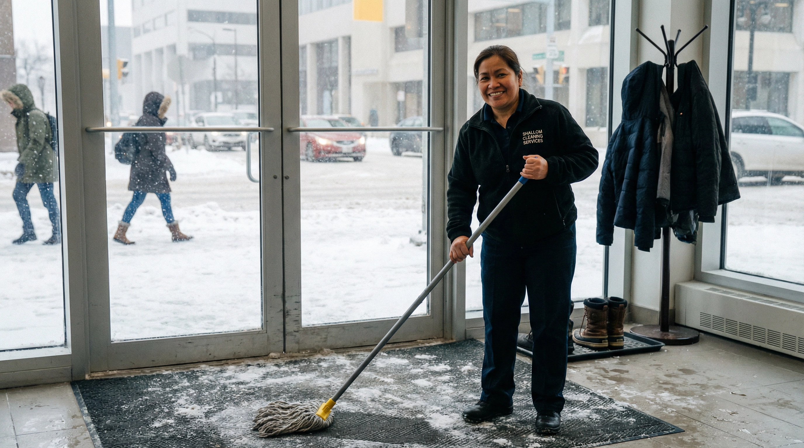Winter office cleaning removing snow and salt stains in Winnipeg commercial building by Shallom Cleaning Services