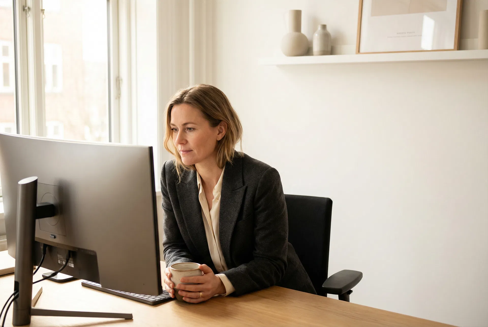 Erfaren virksomhedsejer ved skrivebord i moderne dansk kontor