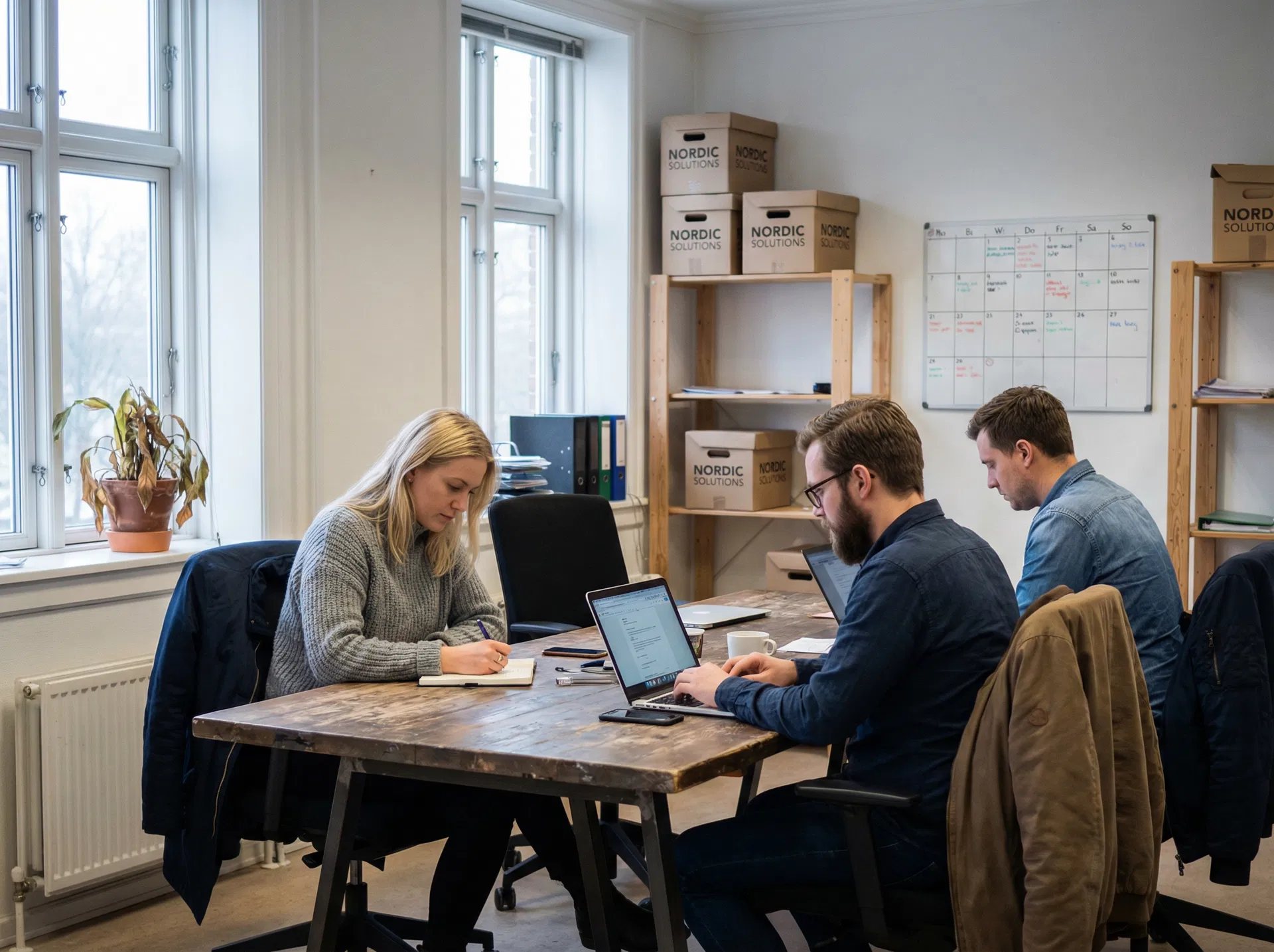 Tre kolleger sidder ved et arbejdsbord i deres eget kontor med laptops, mapper og kasser på hylderne