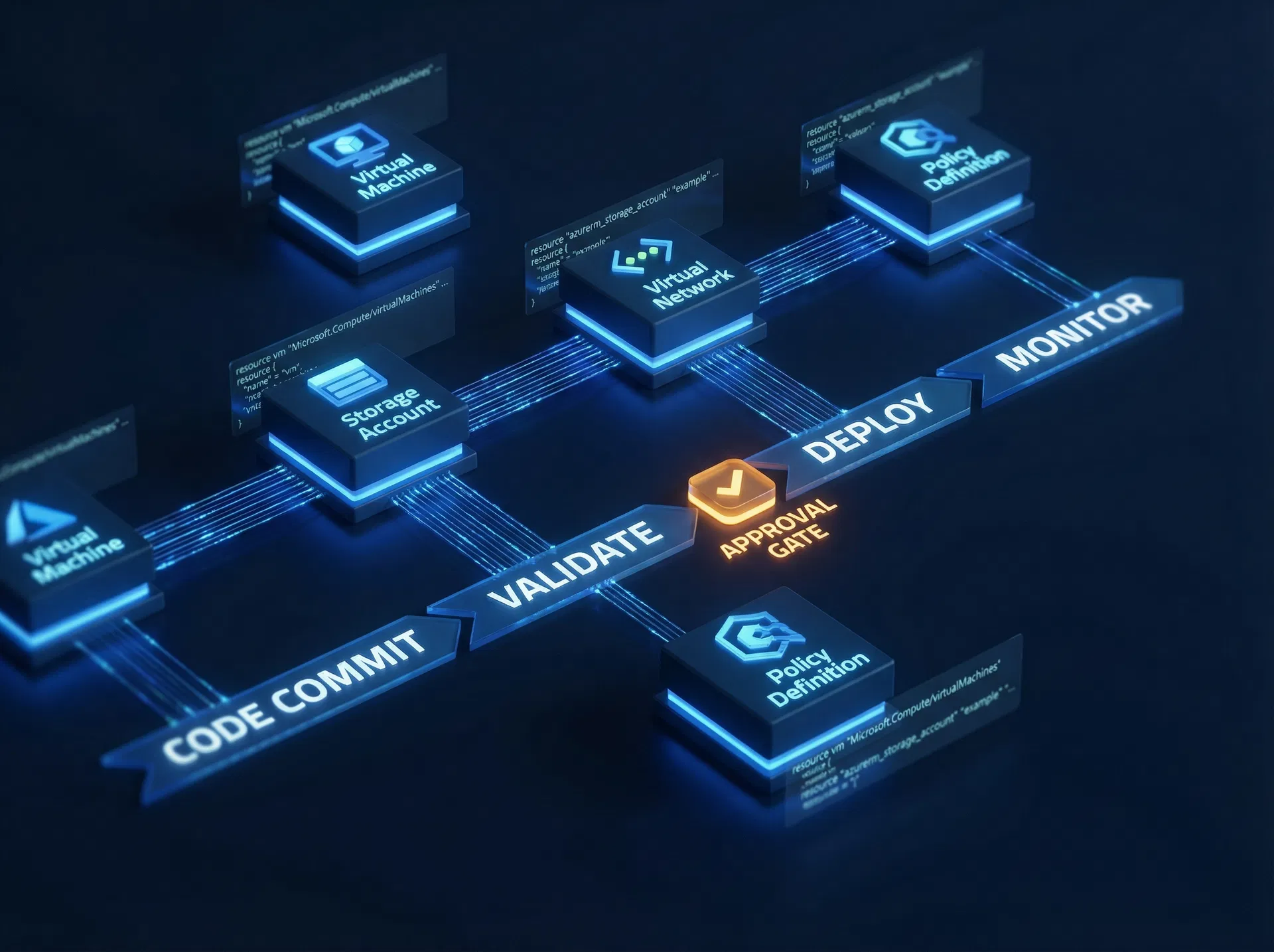 IaC pipeline visualisatie met Azure resource blokken en CI/CD flow