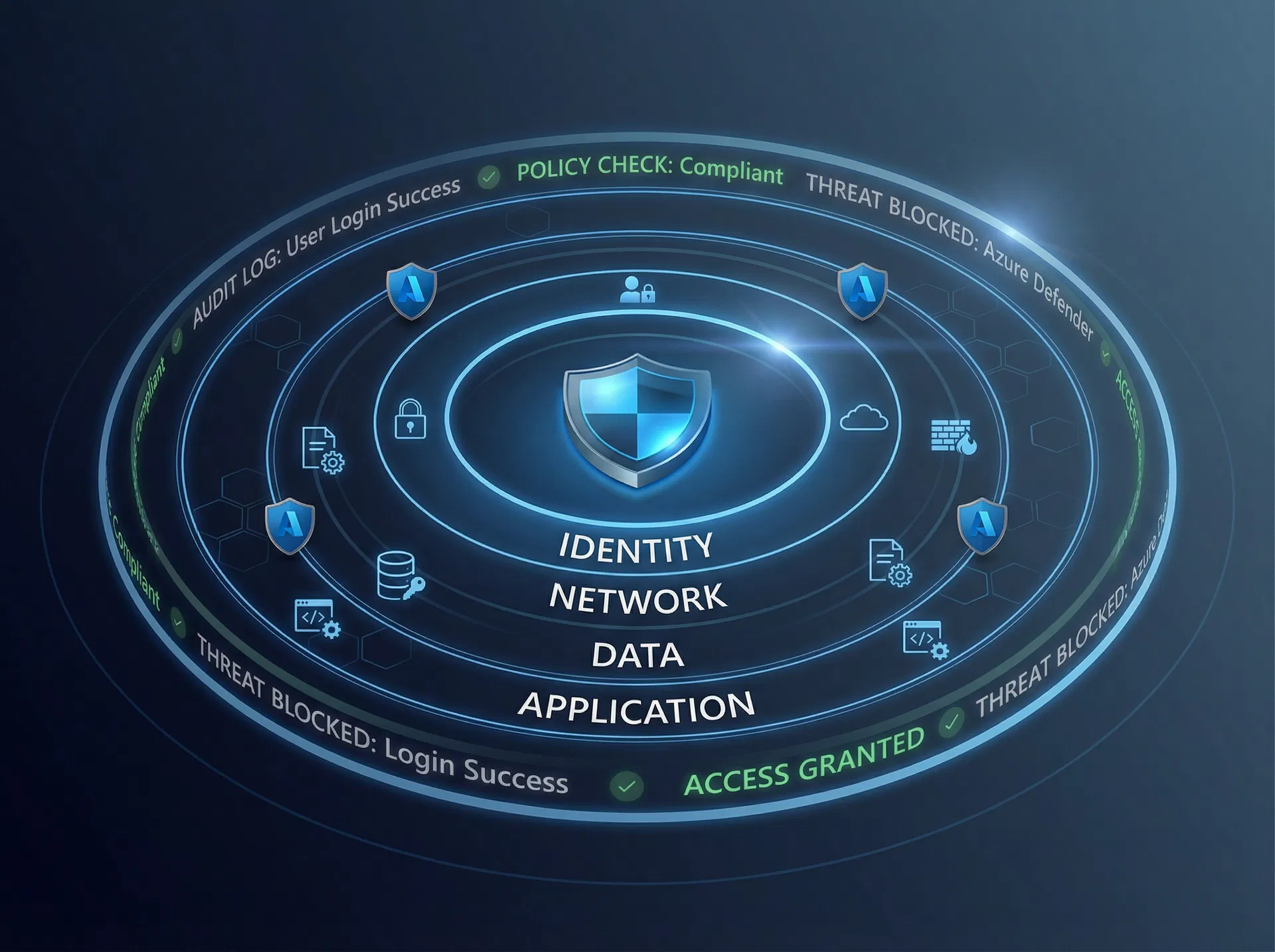 Security posture visualisatie met gelaagde beveiligingsringen: identity, network, data, application