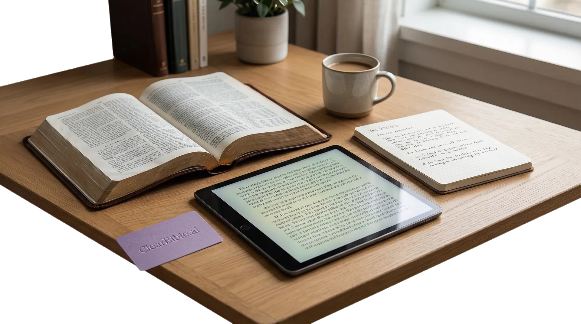 Bible study scene with a tablet, notebook, and coffee in a calm reading environment