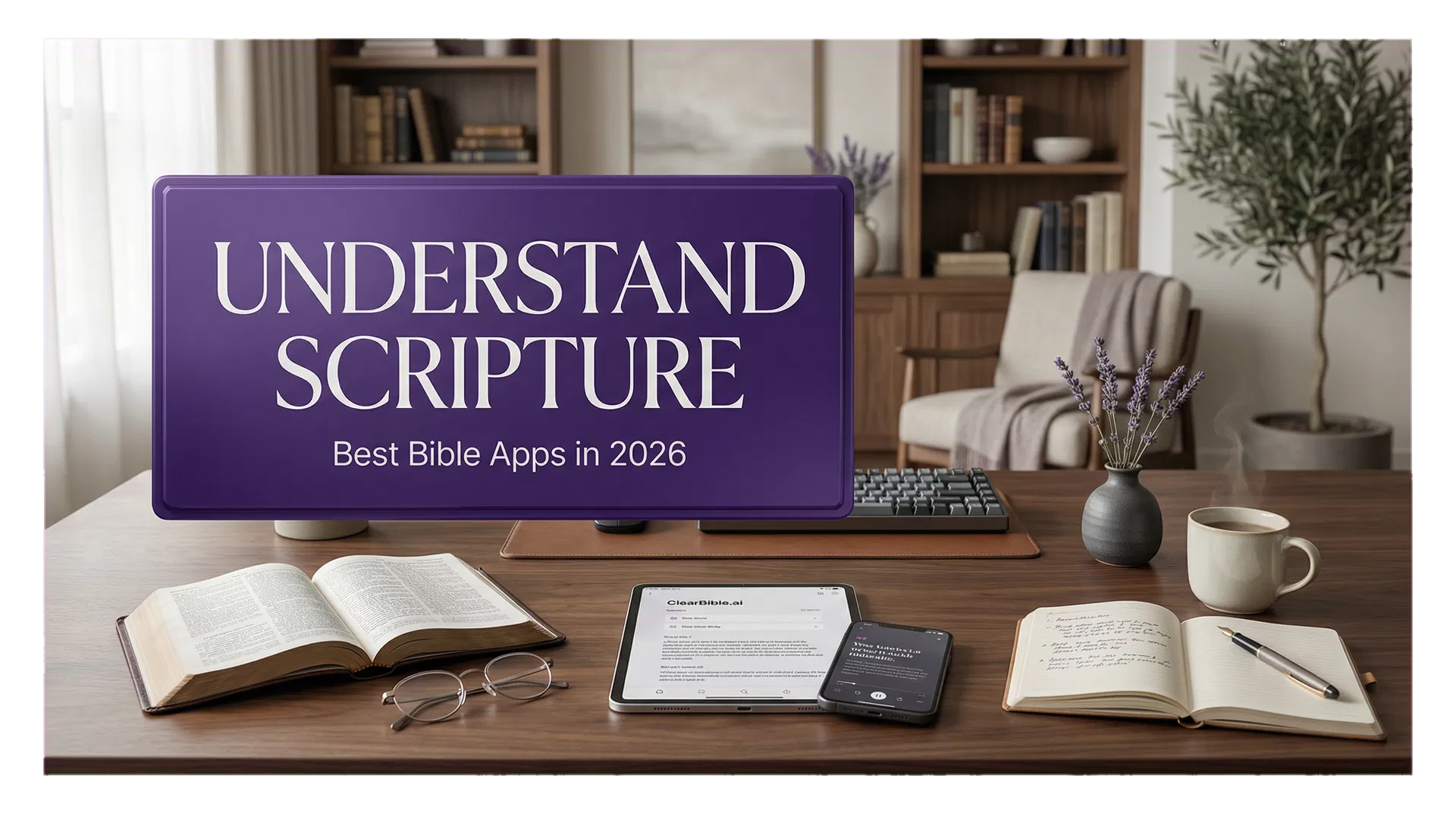 Featured image for a Bible app comparison guide with a purple sign reading Understand Scripture